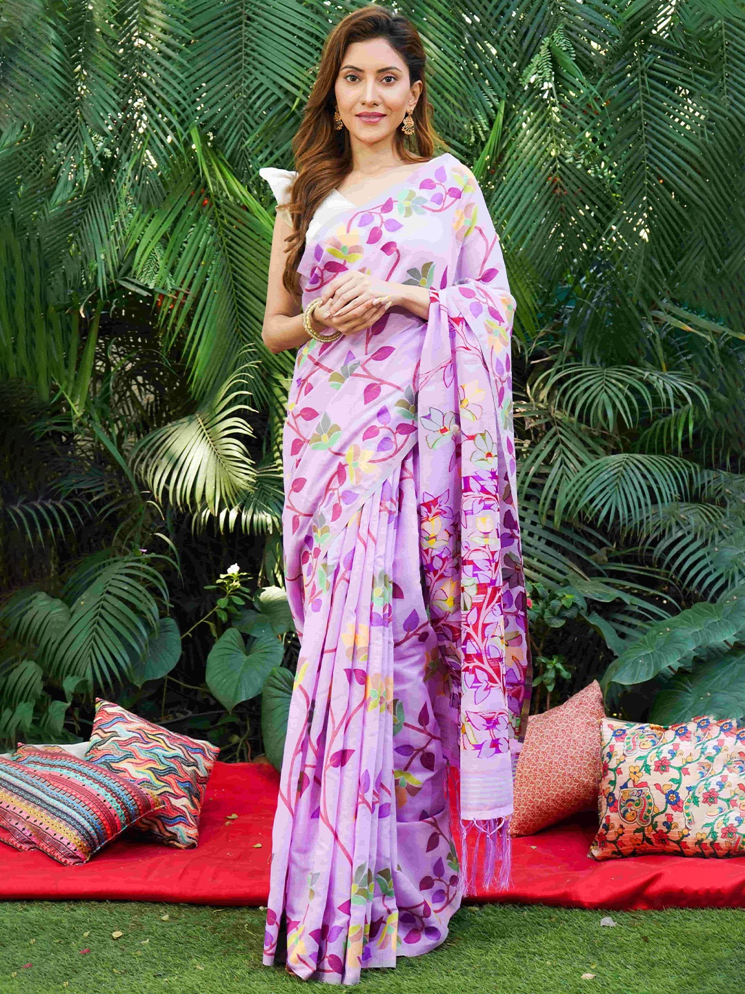 

BEATITUDE Ethnic Motifs Pure Cotton Jamdani Saree, Lavender