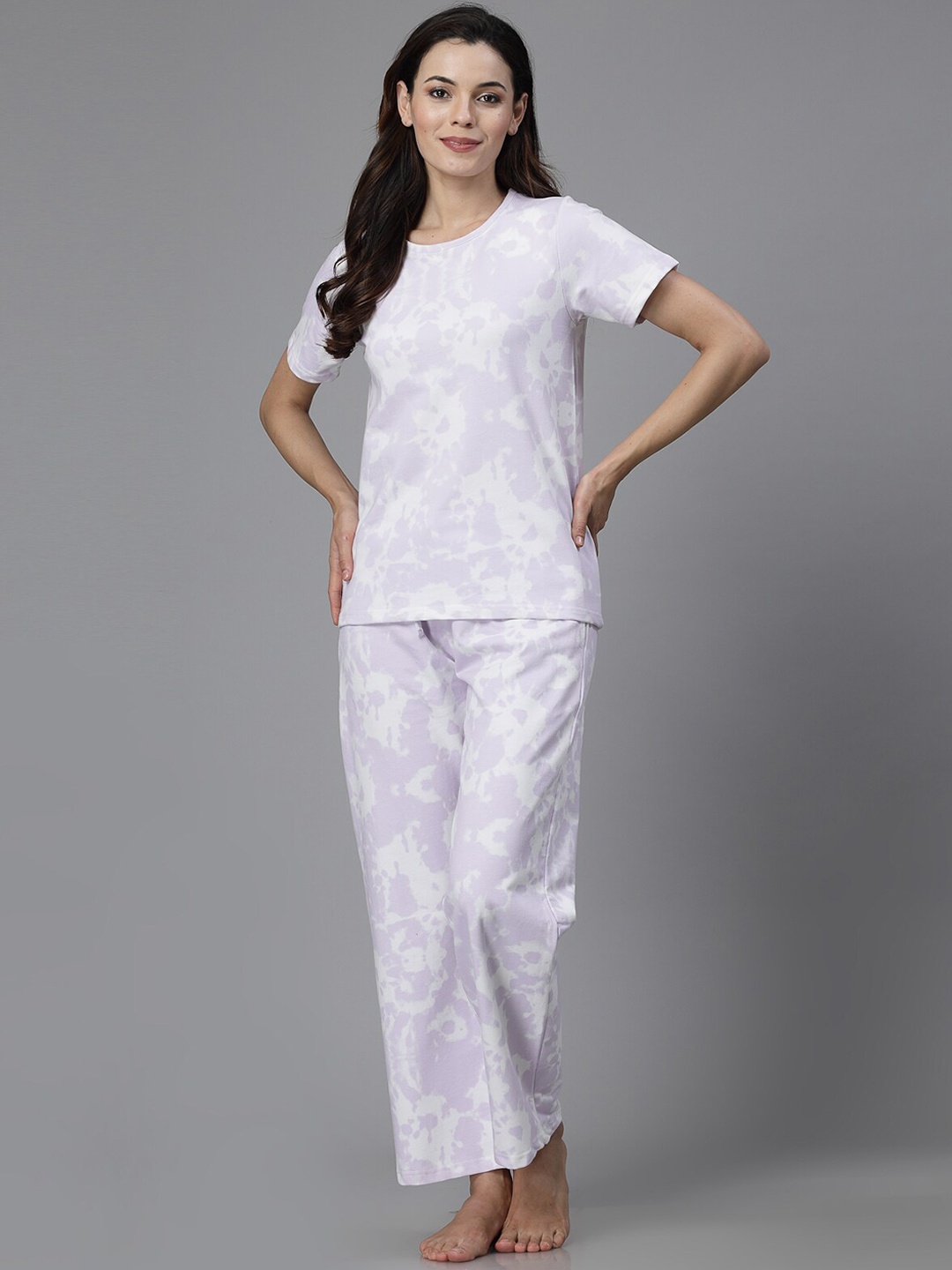 

ETC Tie & Dye Printed Round Neck Pure Cotton Night suit, Lavender