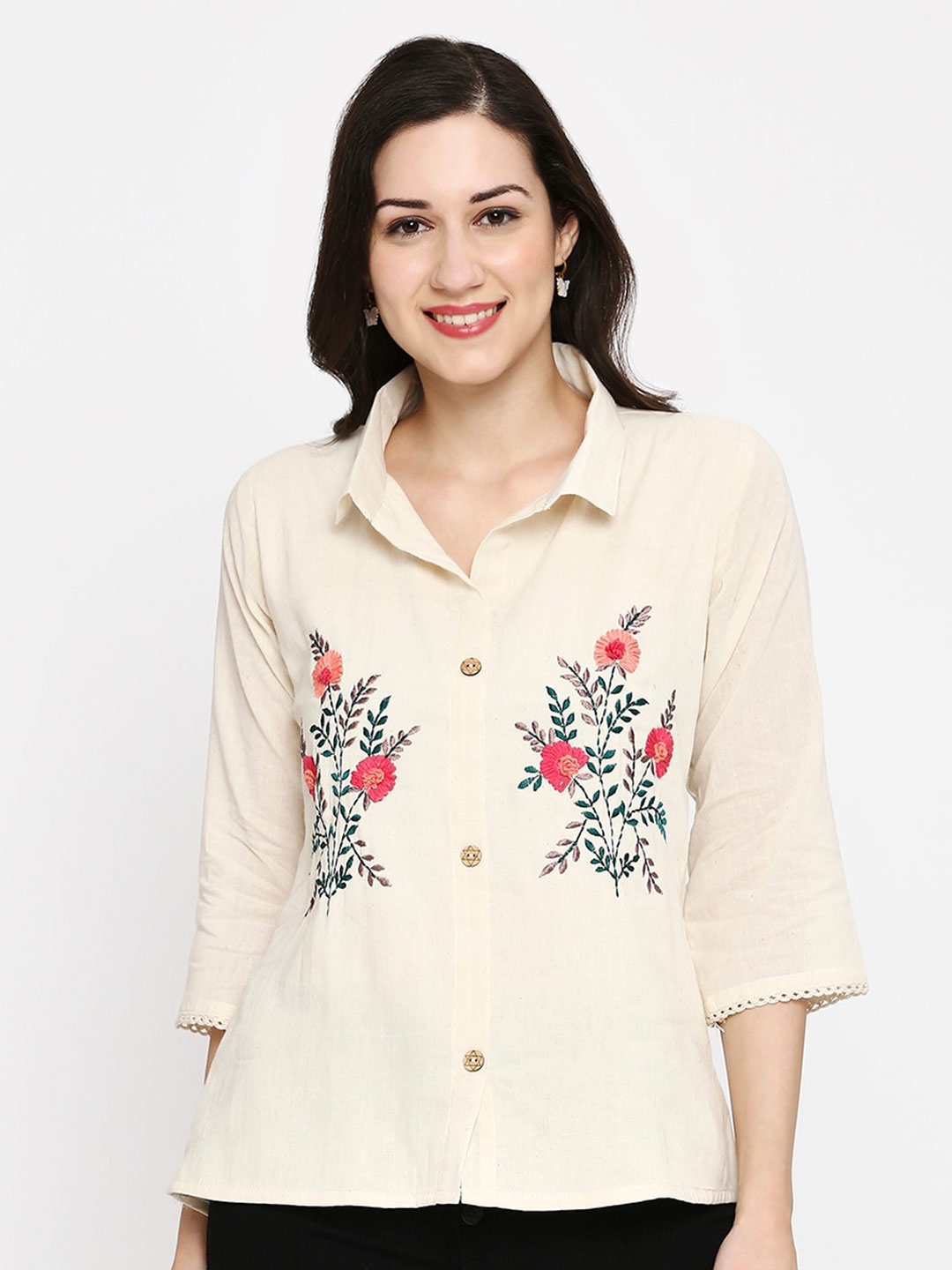 

YOELLA Premium Regular Fit Spread Collar Khadi Floral Opaque Casual Shirt, Off white