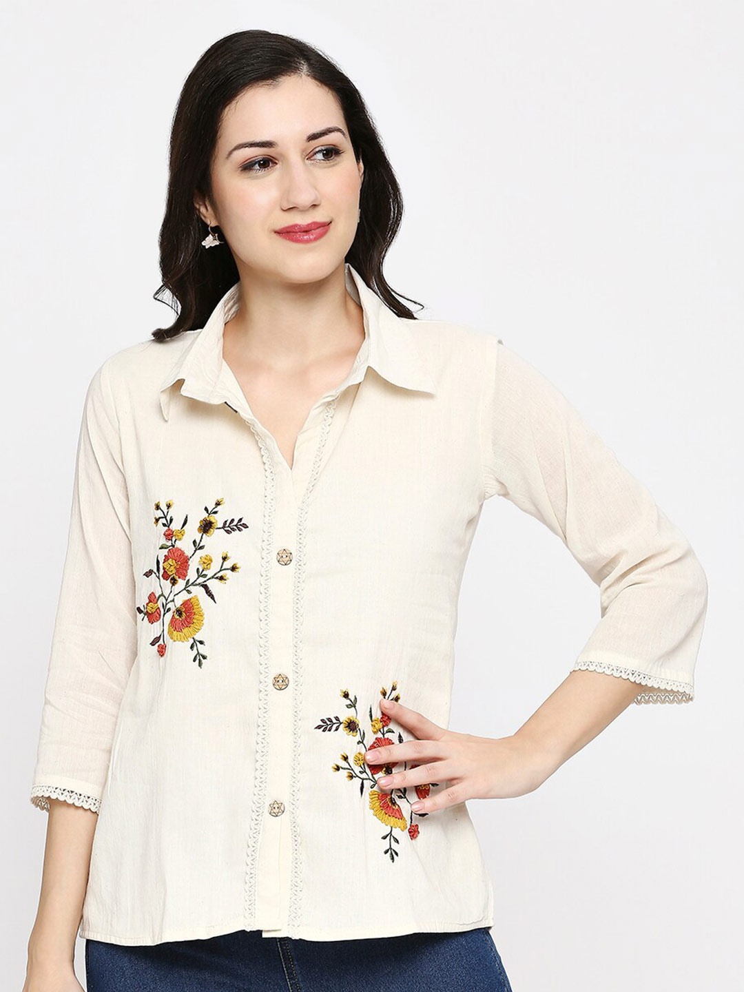 

YOELLA Premium Regular Fit Spread Collar Khadi Floral Opaque Printed Casual Shirt, Off white