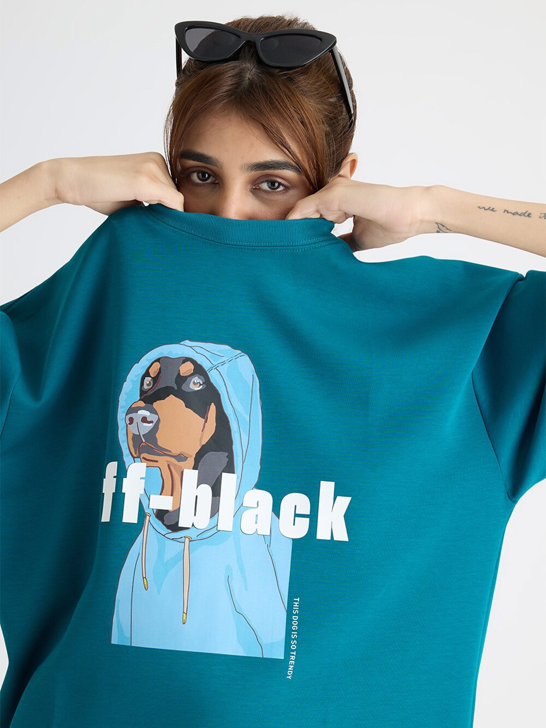 

FREAKINS Printed Drop-Shoulder Sleeves Oversized T-shirt, Teal