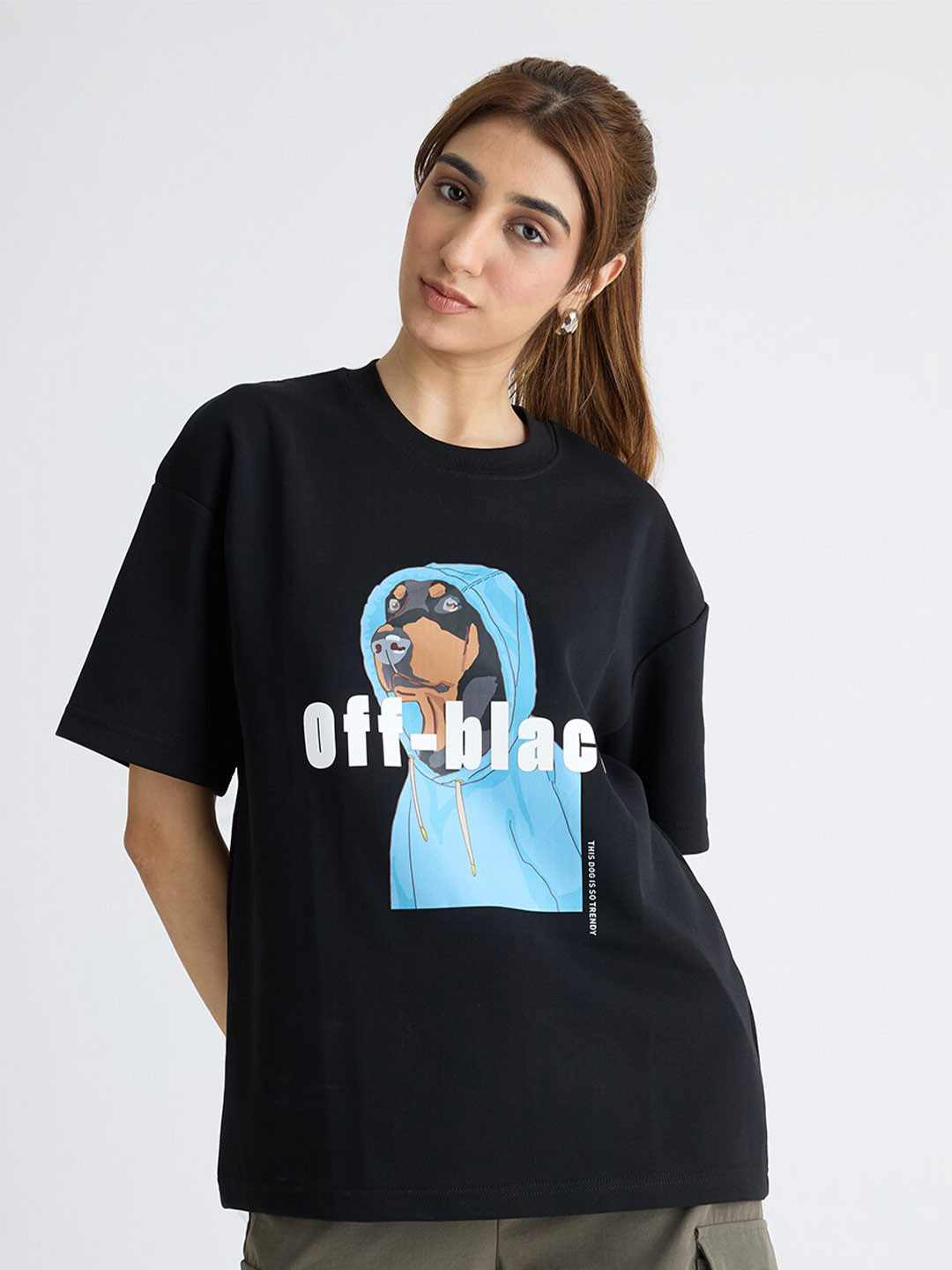 

FREAKINS Typography Printed Drop-Shoulder Sleeves Applique Cotton Oversized T-shirt, Black