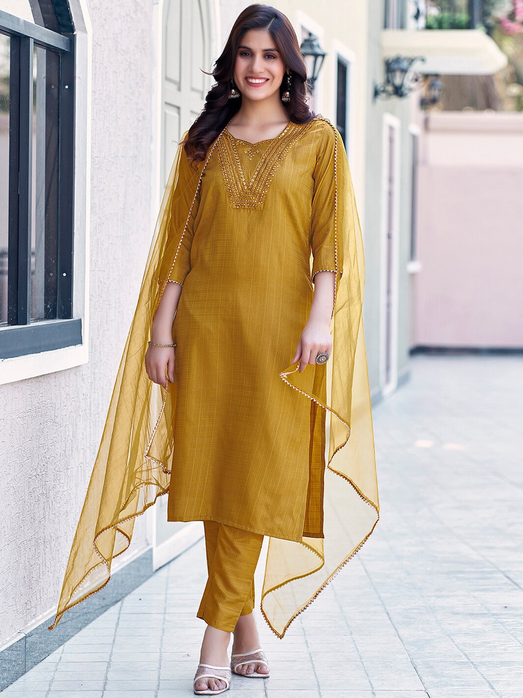 

SKYLEE Mustard Ethnic Motifs Embroidered Regular Sequinned Kurta with Trousers & Dupatta