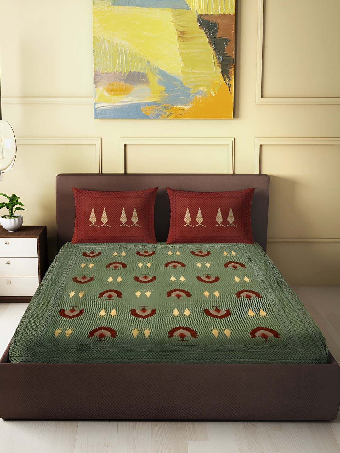 

Spangle Green & Maroon Geometric Cotton 260 TC King Bedsheet with 2 Pillow Covers