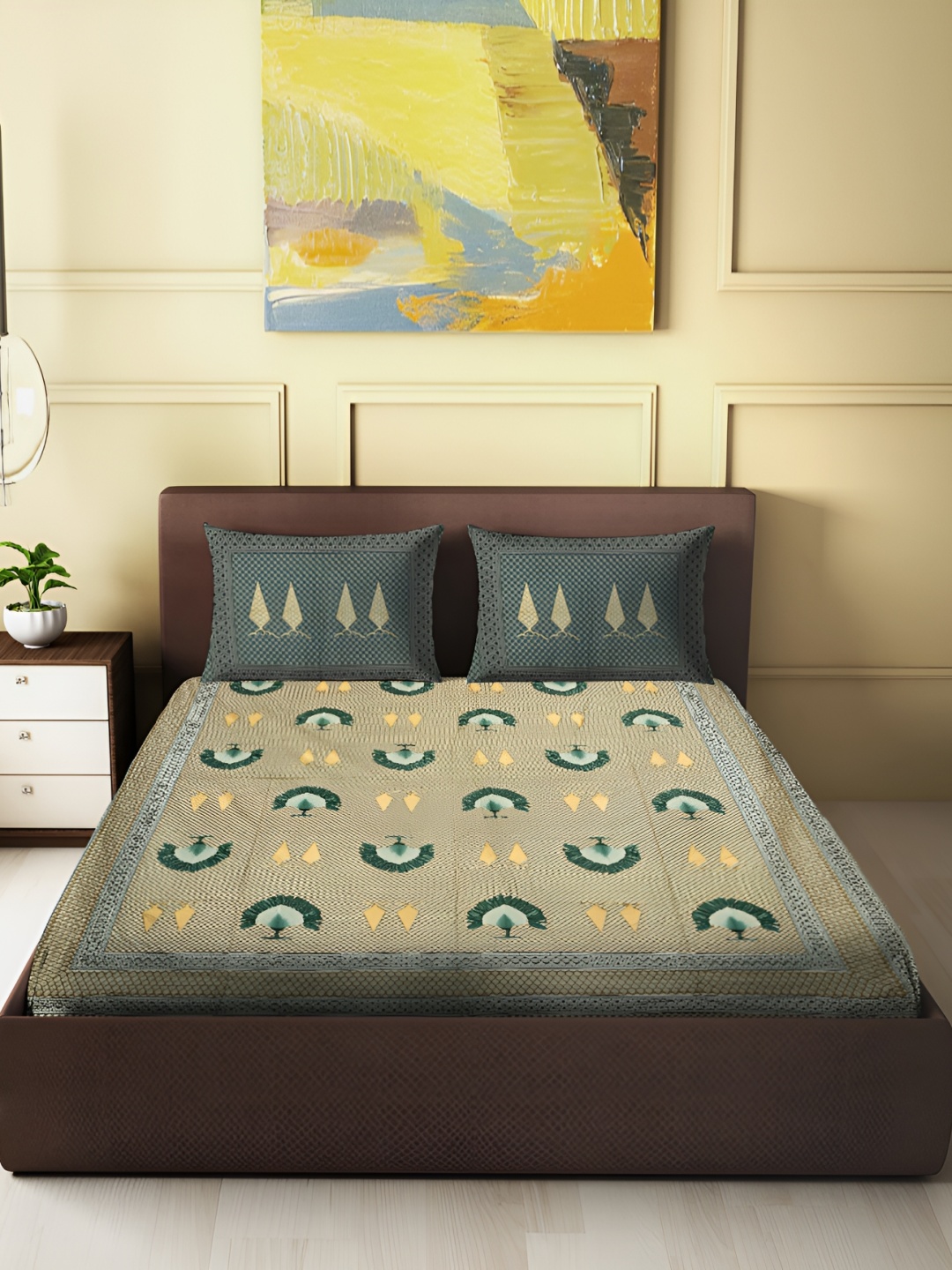 

Spangle Gold Toned & Yellow Geometric Cotton 260 TC King Bedsheet with 2 Pillow Covers