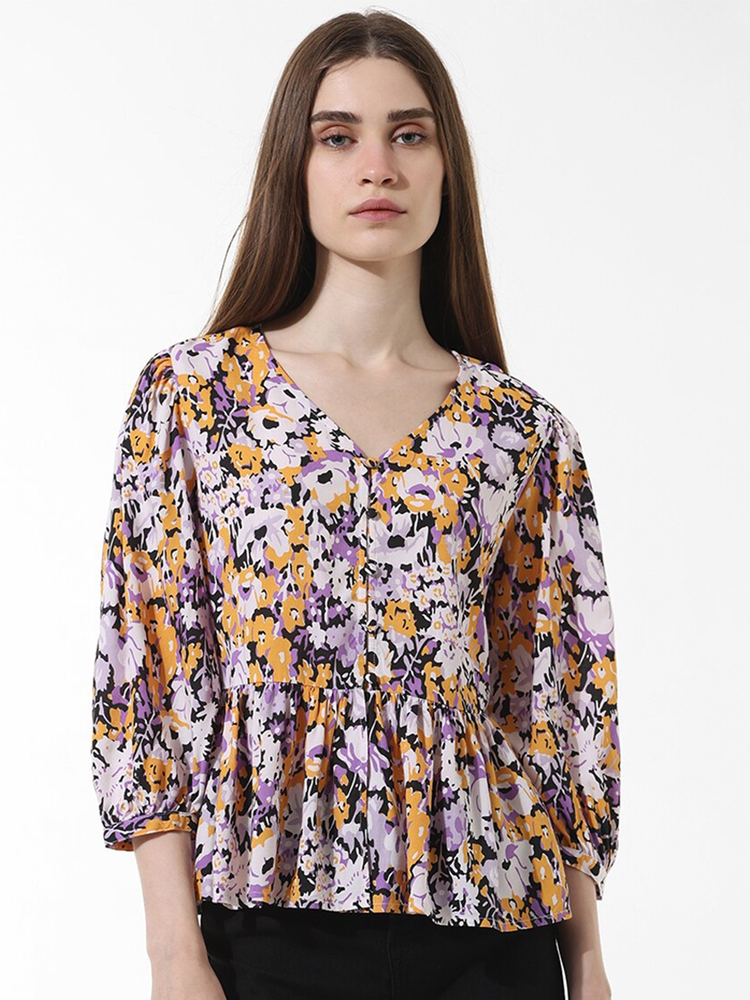 

ONLY Floral Printed V-Neck Three-Quarter Puff Sleeves Peplum Top, Lavender