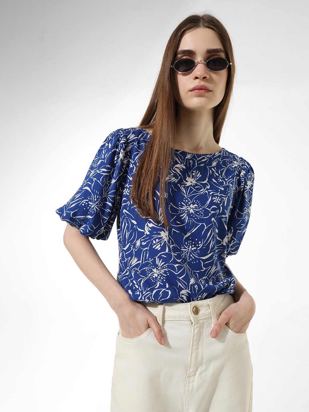 

ONLY Floral Print Boat Neck Short Puff Sleeves Top, Blue