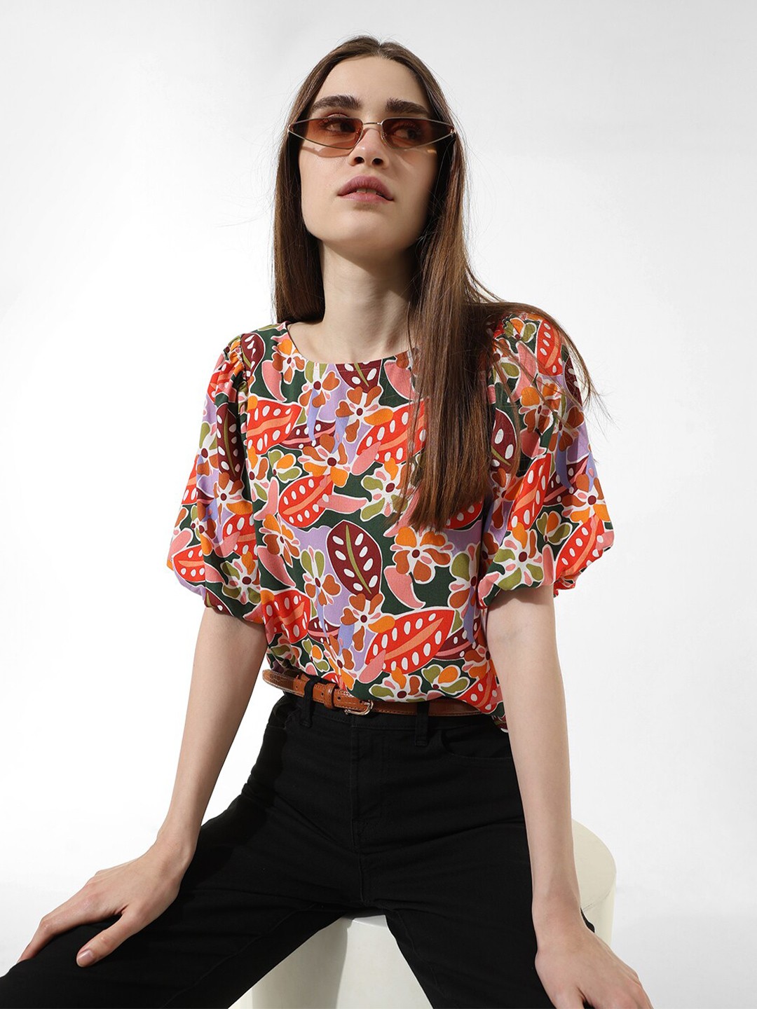 

ONLY Floral Print Boat Neck Short Puff Sleeves Top, Green