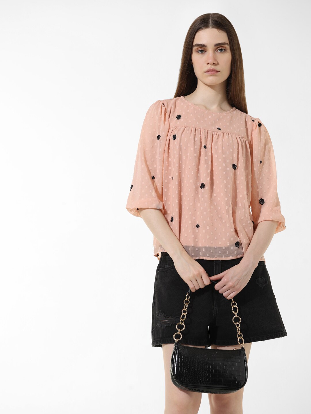 

ONLY Abstract Self Design Round Neck Three-Quarter Puff Sleeves Top, Pink