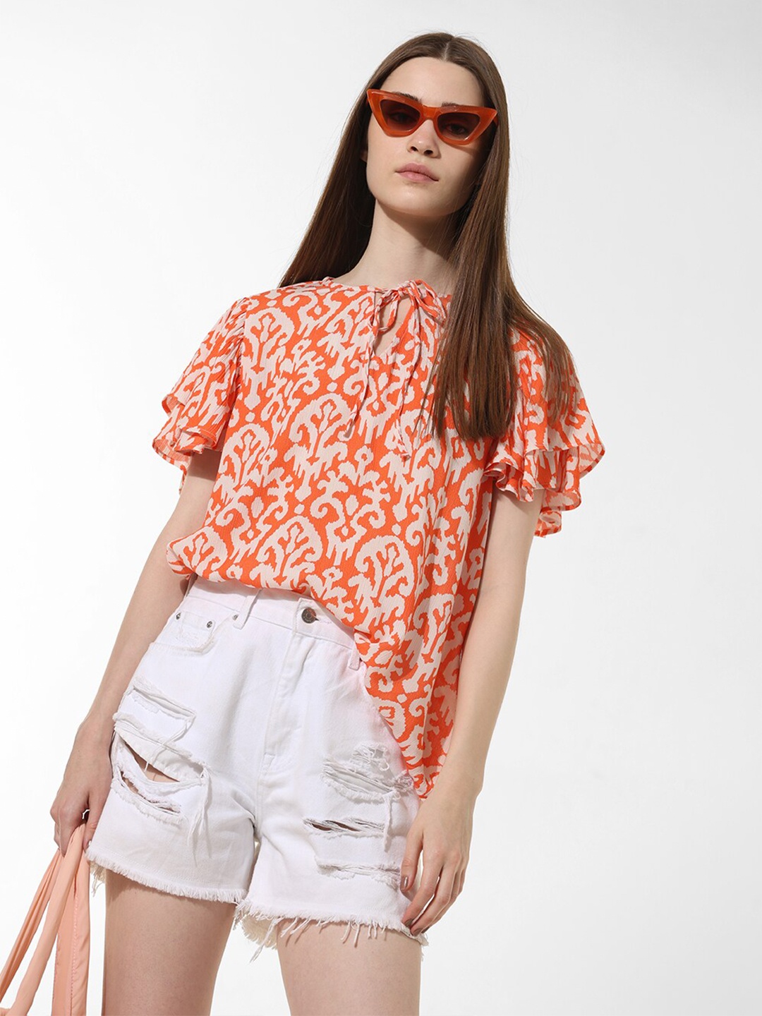 

ONLY Ethnic Motifs Print Tie-Up Neck Short Flared Sleeve Top, Orange