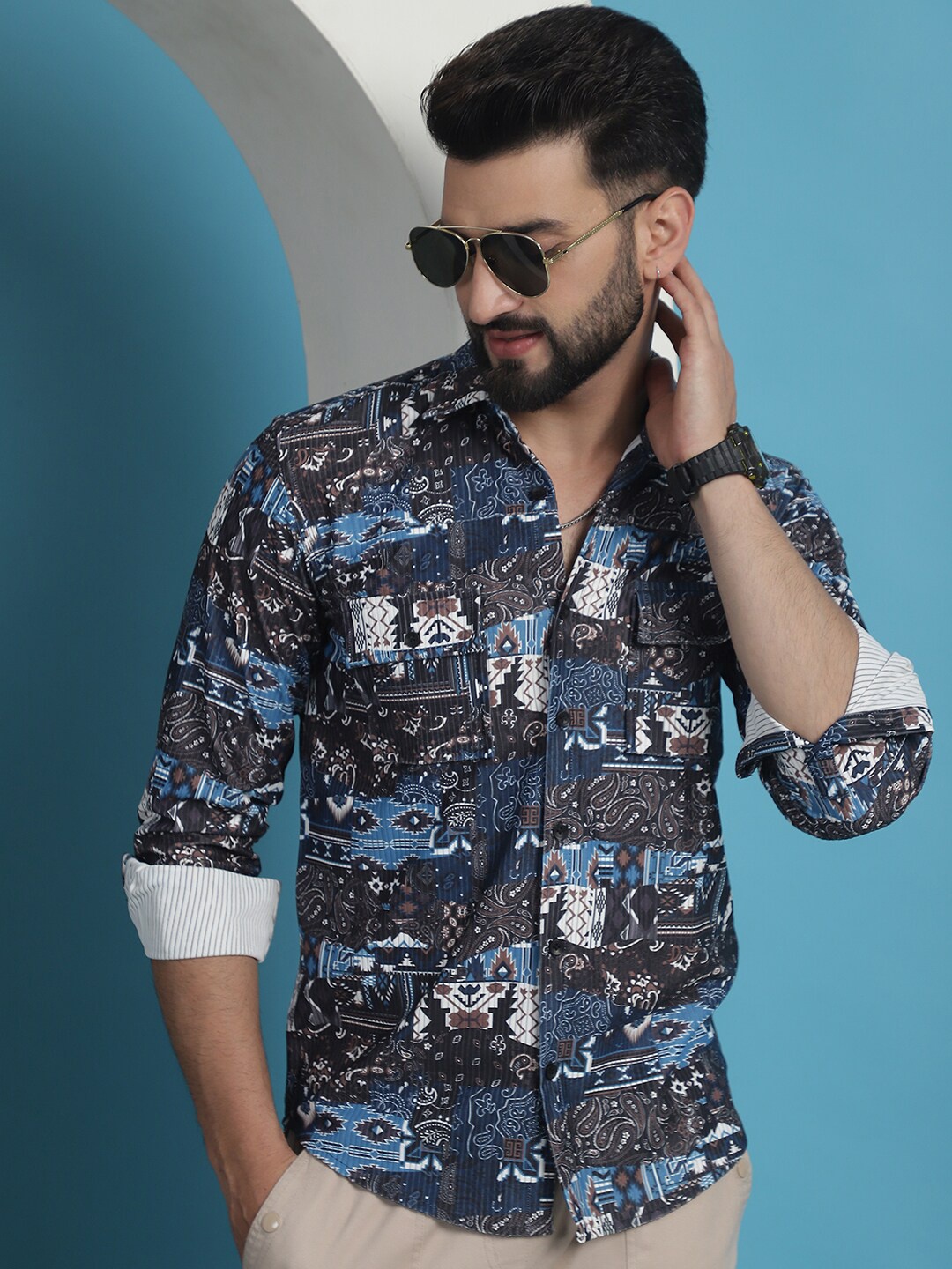 

Indian Needle Classic Long Sleeves Spread Collar Cotton Floral Opaque Printed Casual Shirt, Navy blue