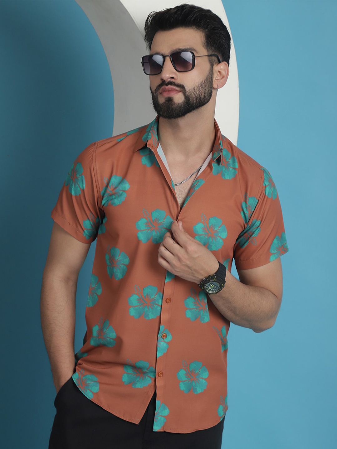 

Indian Needle Classic Printed Spread Collar Casual Shirt, Rust