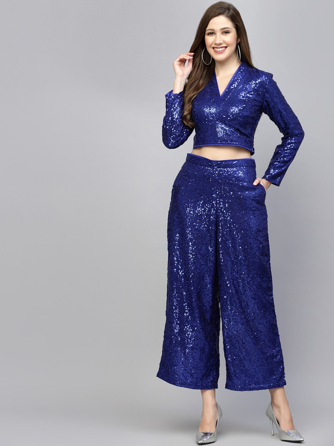 

Get Glamr Embellished Sequined Crop Top & Flared Palazzo, Navy blue