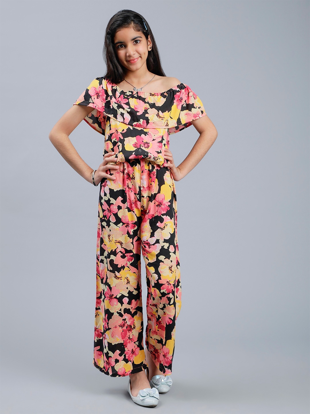 

Unique Designers Girls Printed Off-Shoulder Basic Jumpsuit, Black
