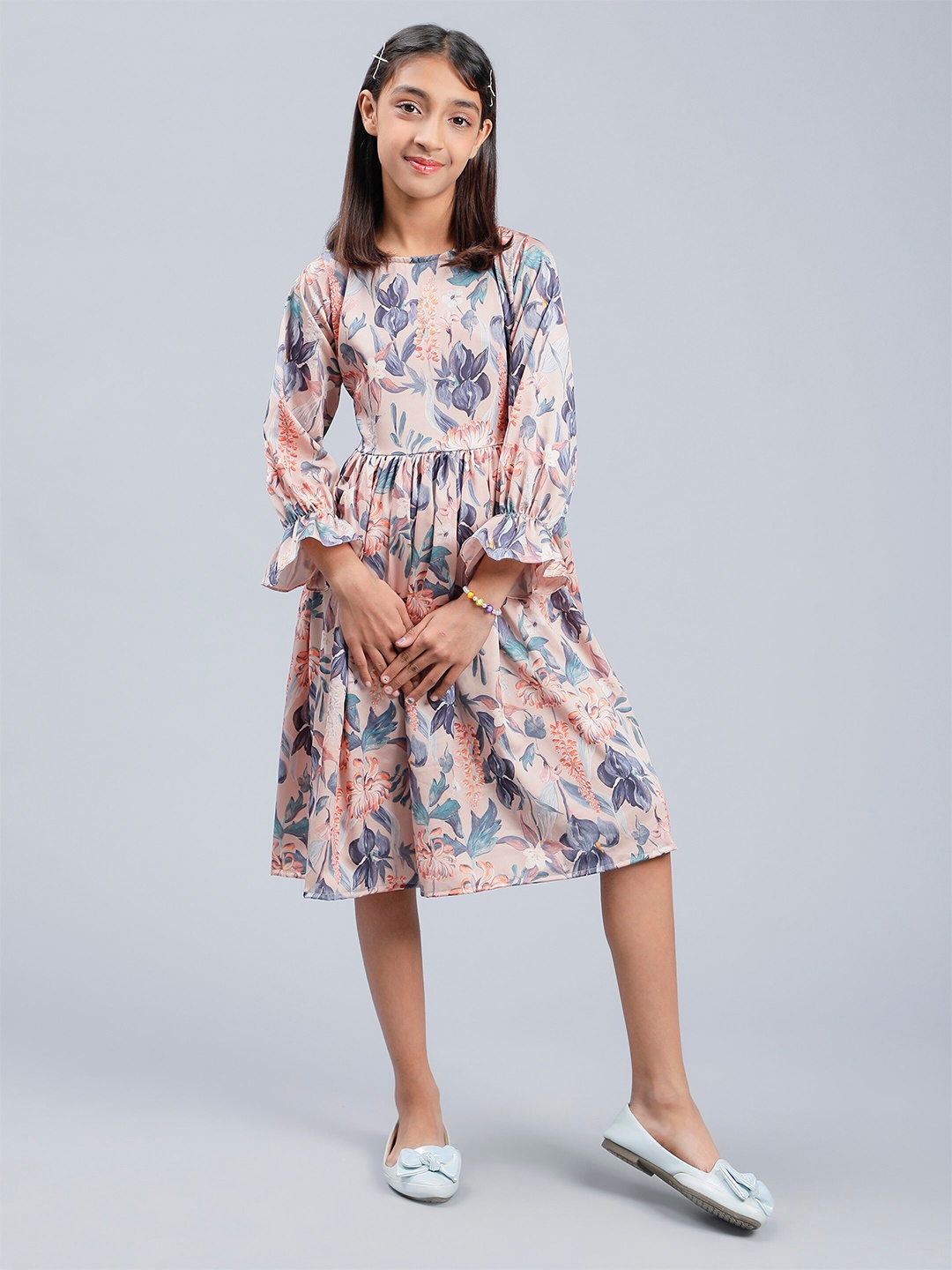 

Unique Designers Girls Floral Printed Bell Sleeves Fit & Flare Midi Dress, Beige