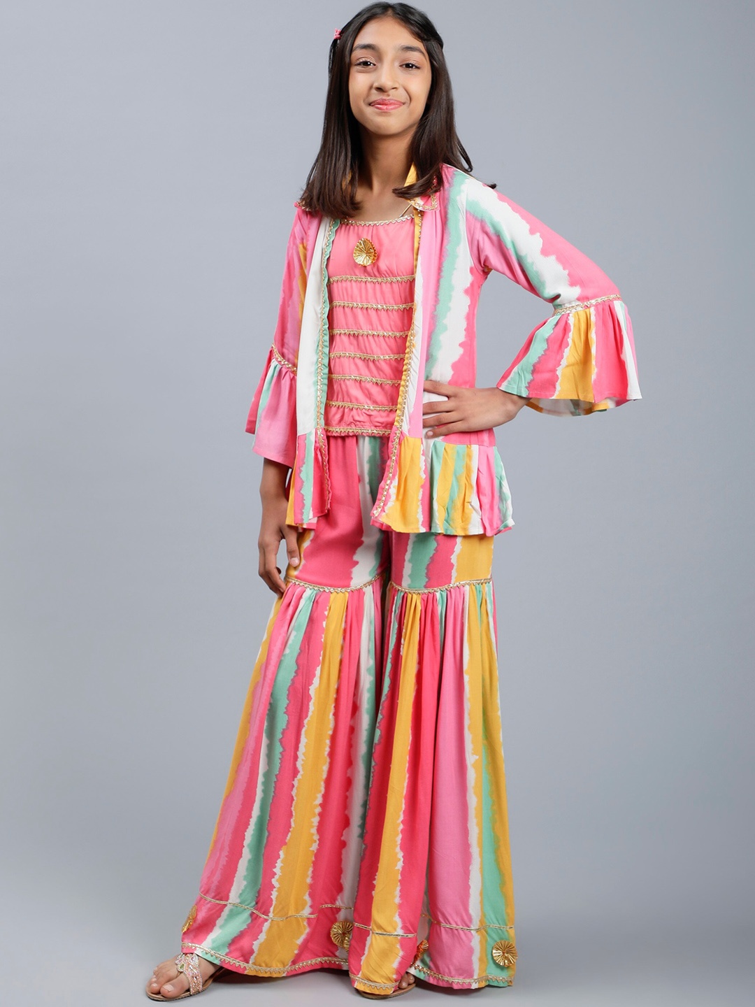 

Unique Designers Girls Top With Sharara & Shrug, Pink
