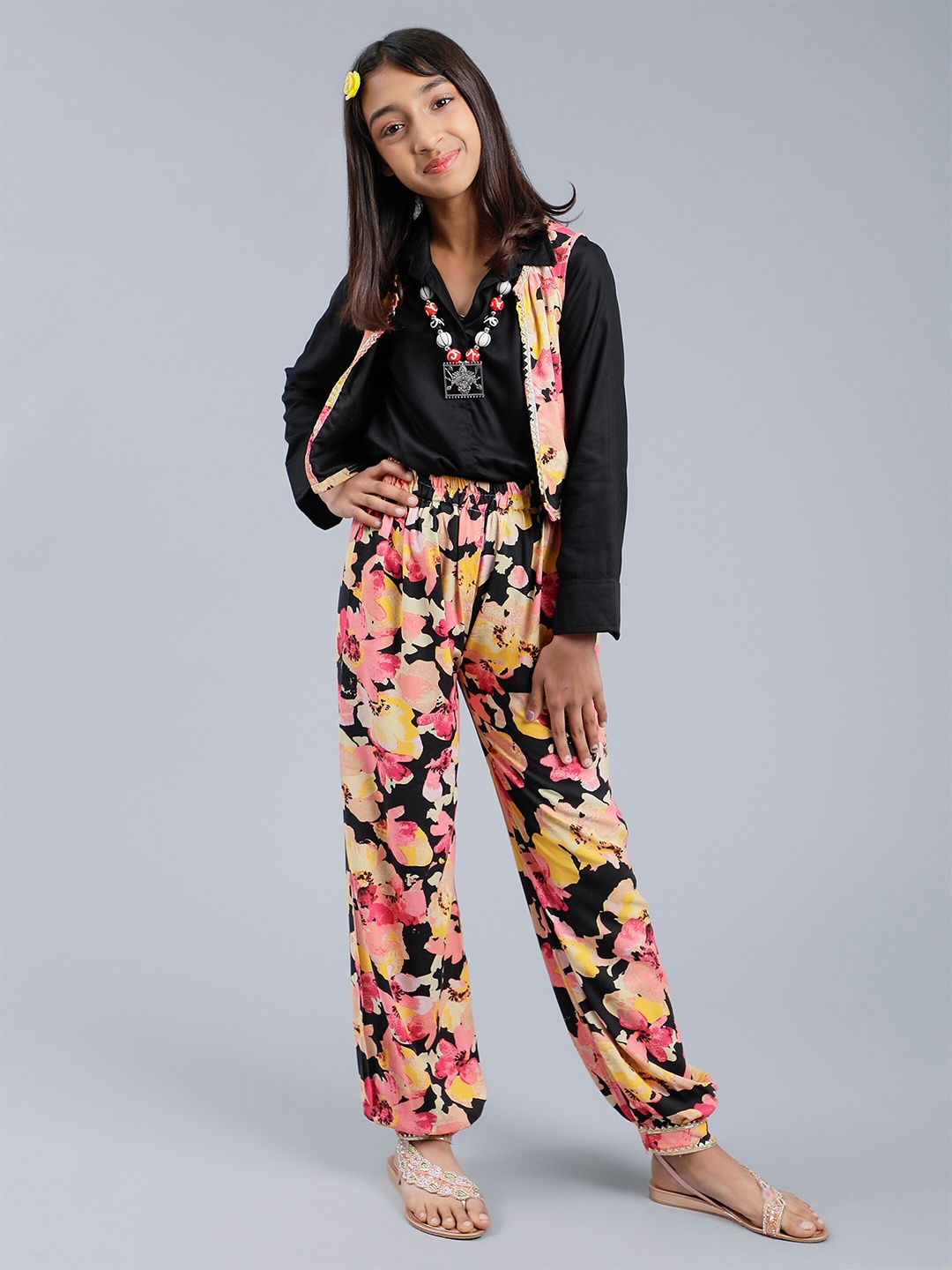 Unique Designers Girls Floral Printed Shirt & Palazzos With Waistcoat, Black