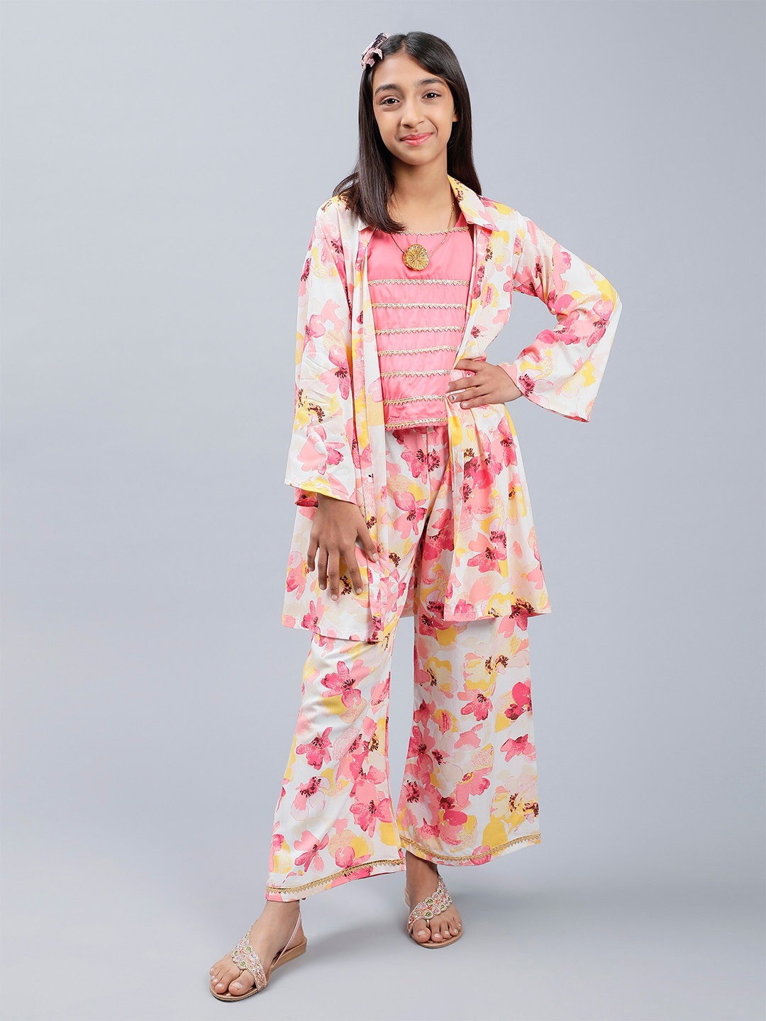 

Unique Designers Girls Floral Printed Top & Palazzos With Long Jacket, White