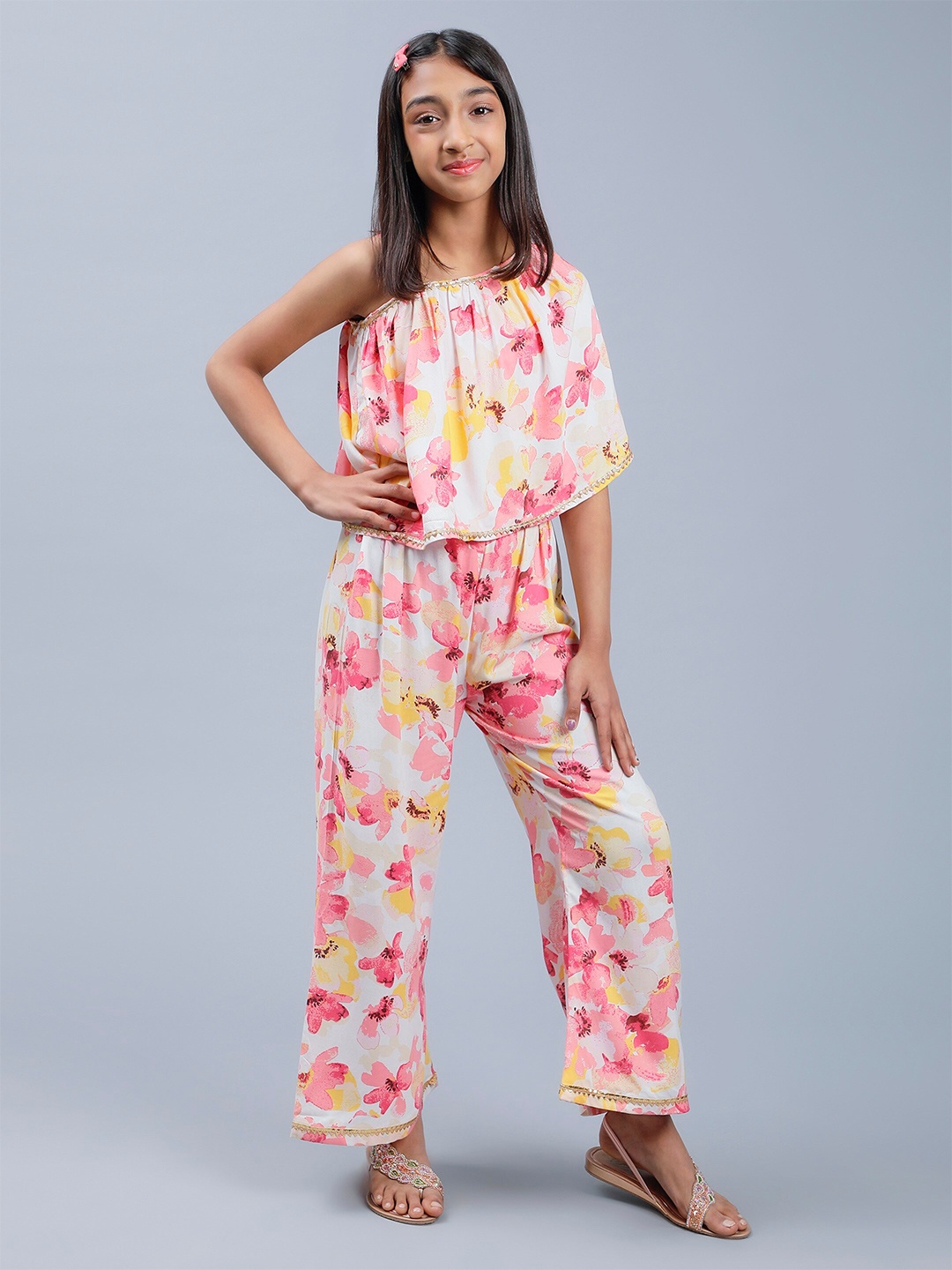 Unique Designers Girls Floral PrintedcOne Shoulder Top with Palazzos, White