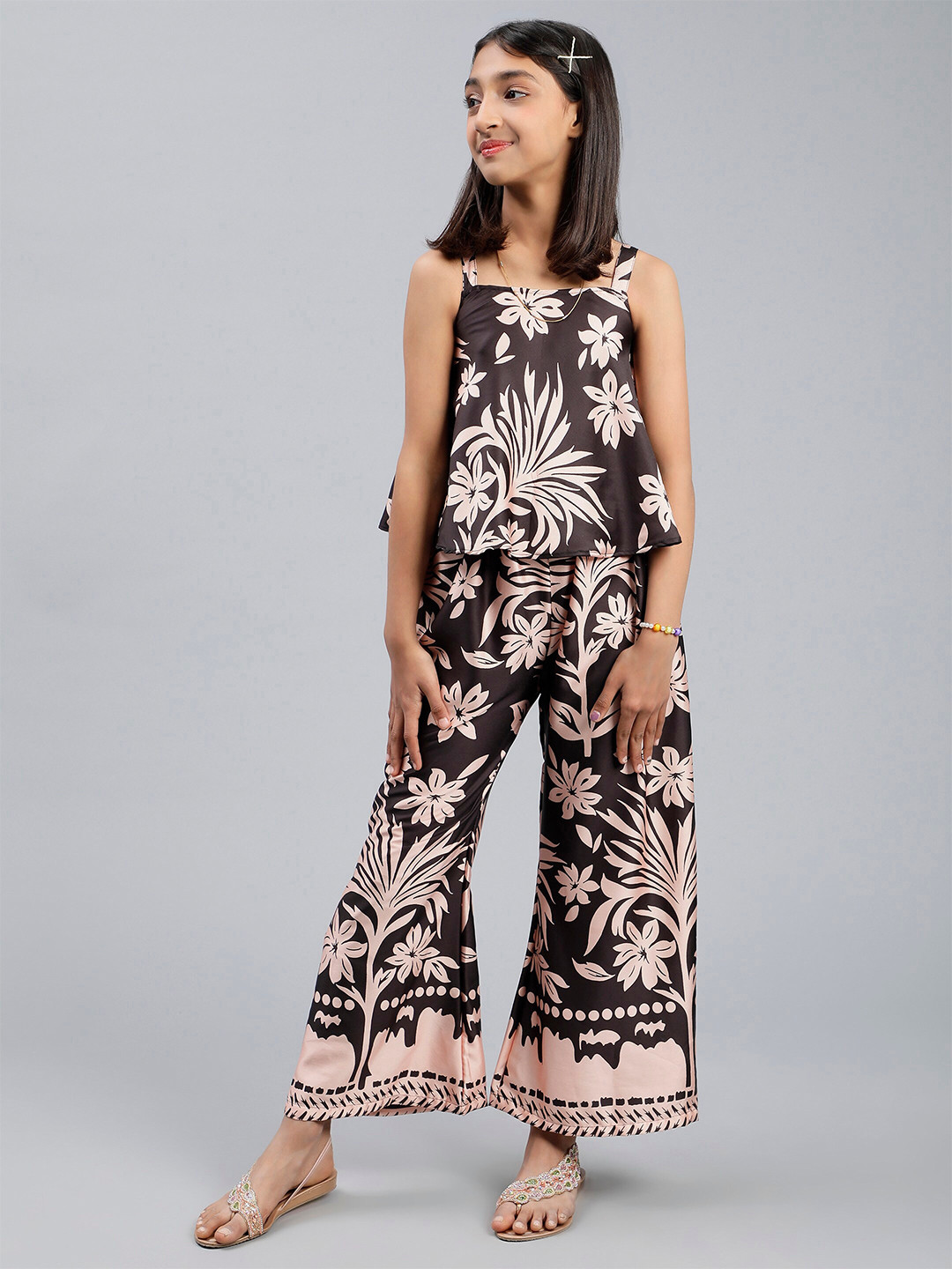 

Unique Designers Girls Floral Printed Top with Palazzos, Black