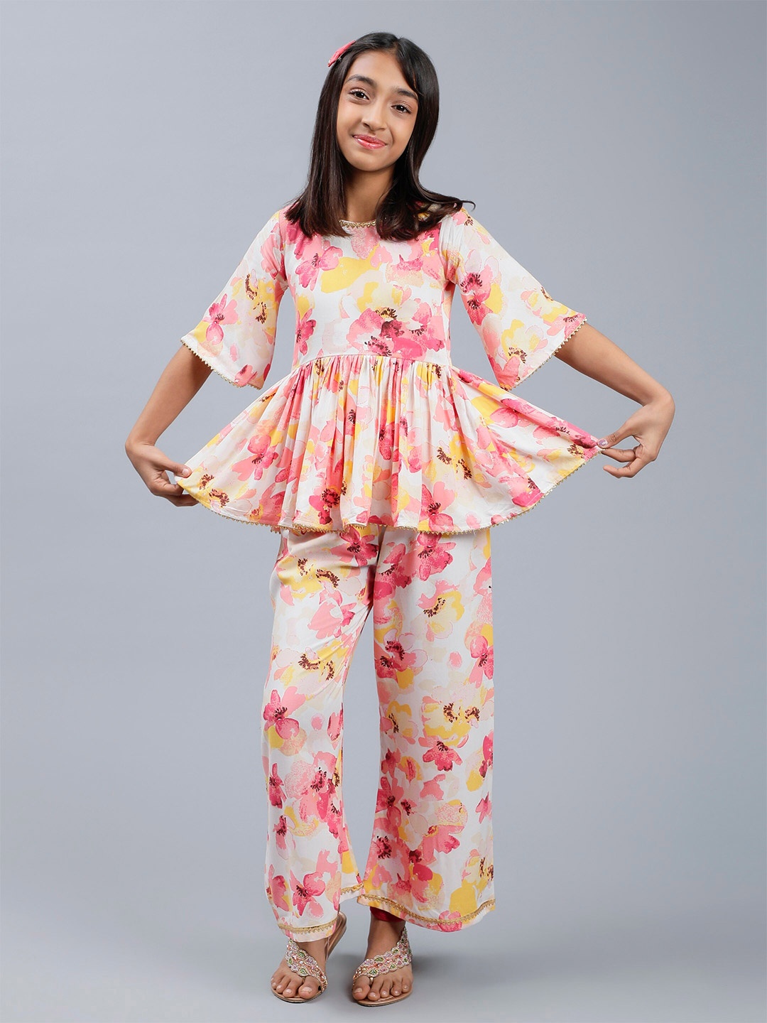 

Unique Designers Girls Printed Top With Palazzos, White