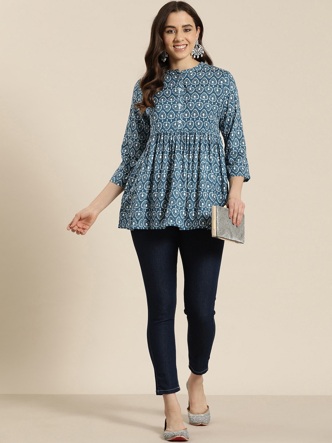 

HERE&NOW Ethnic Motifs Printed Pleated Kurti, Blue