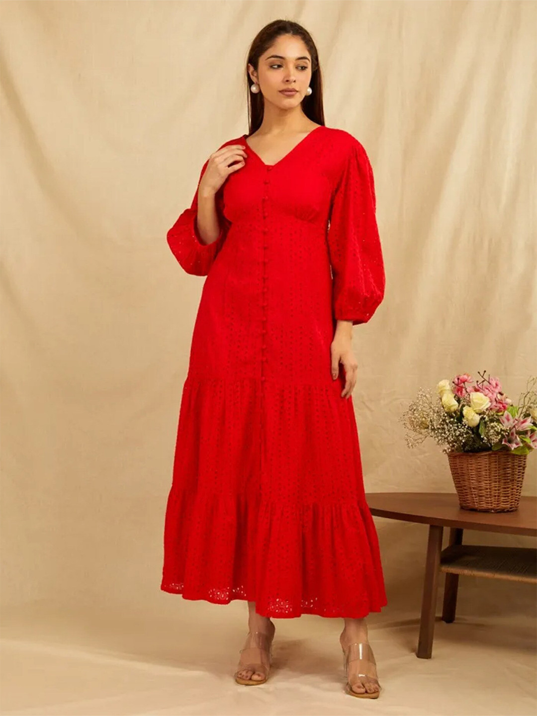 

SANASH Collections Embroidered Puffed Sleeves Tiered Cotton Fit and Flare Maxi Dress, Red