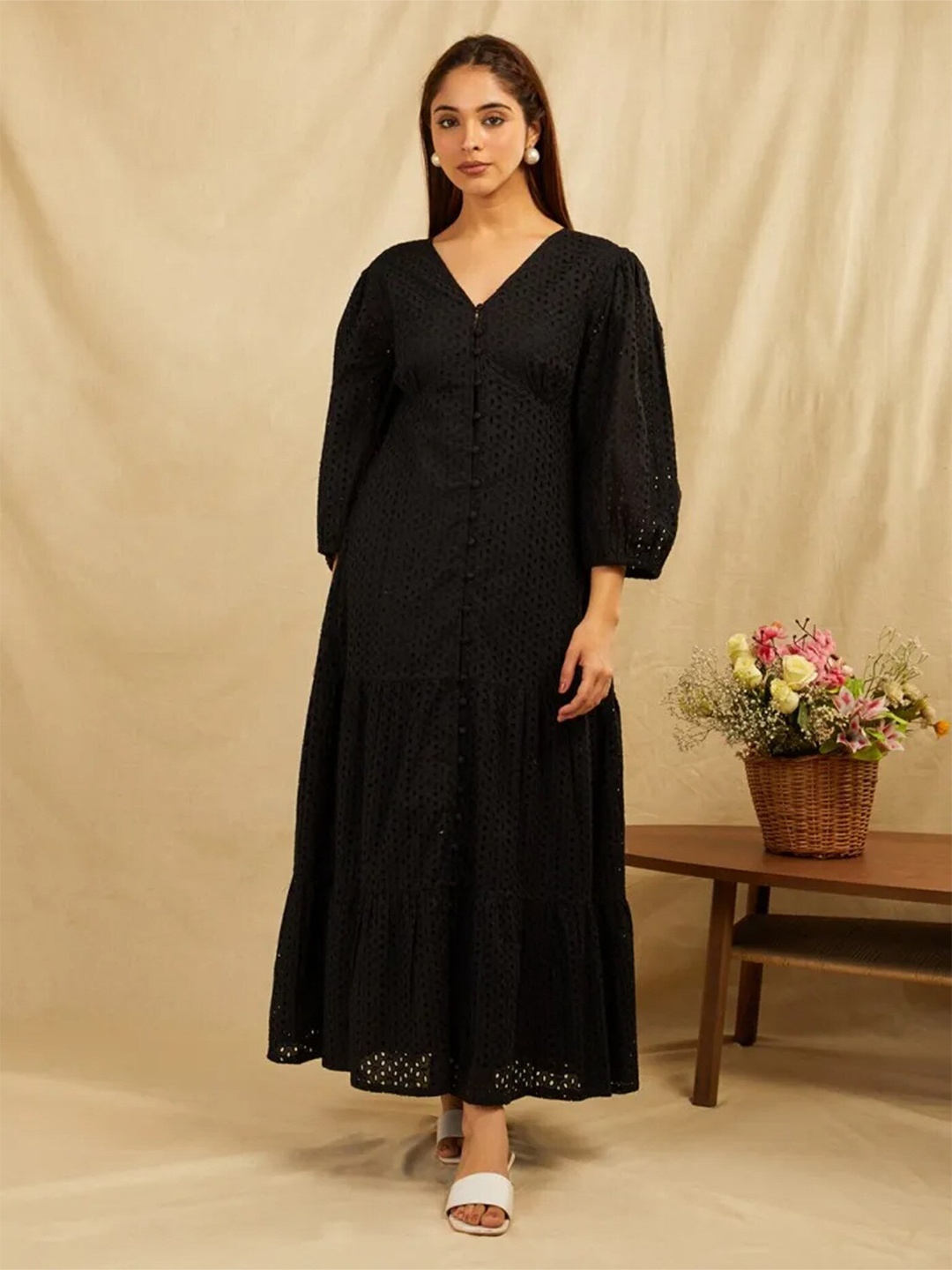 

SANASH Collections Embroidered Puffed Sleeves Tiered Cotton Fit and Flare Maxi Dress, Black