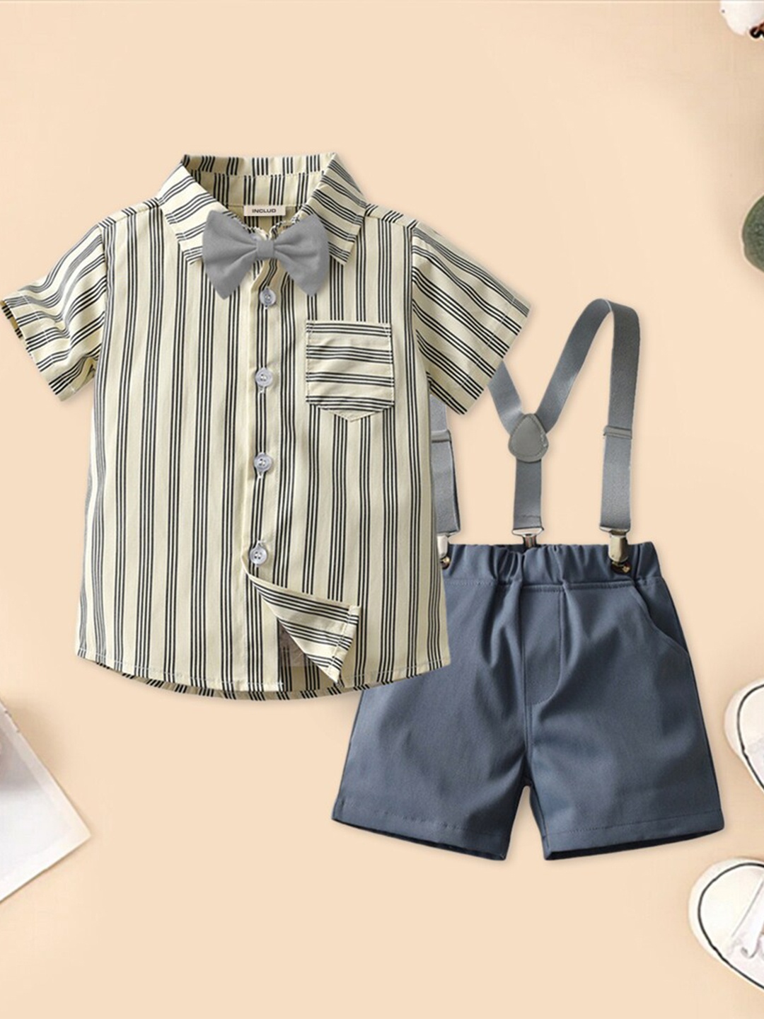 

INCLUD Boys Striped Shirt With Shorts, Grey