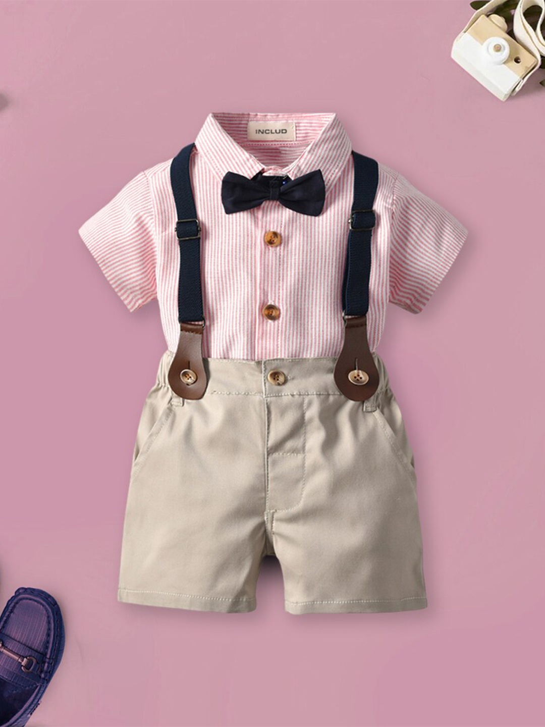

INCLUD Boys Striped Shirt With Shorts, Pink