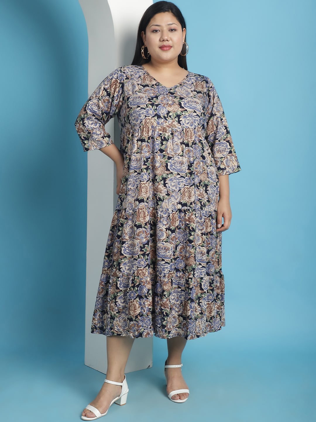 

theRebelinme Plus Size Floral Printed A-Line Midi Dress, Navy blue