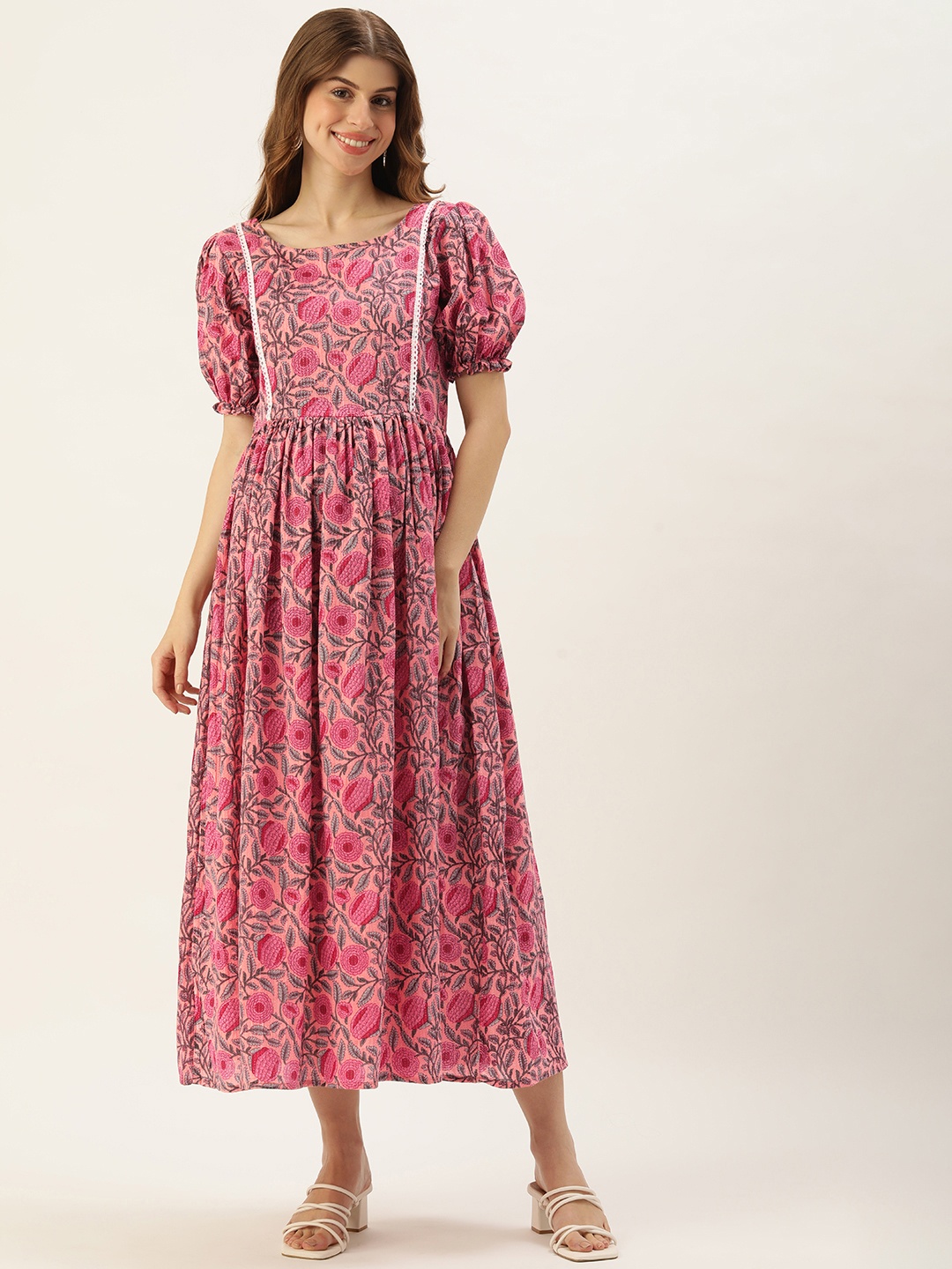 

Vinya Floral Print Puff Sleeve Maternity Fit & Flare Midi Dress, Pink