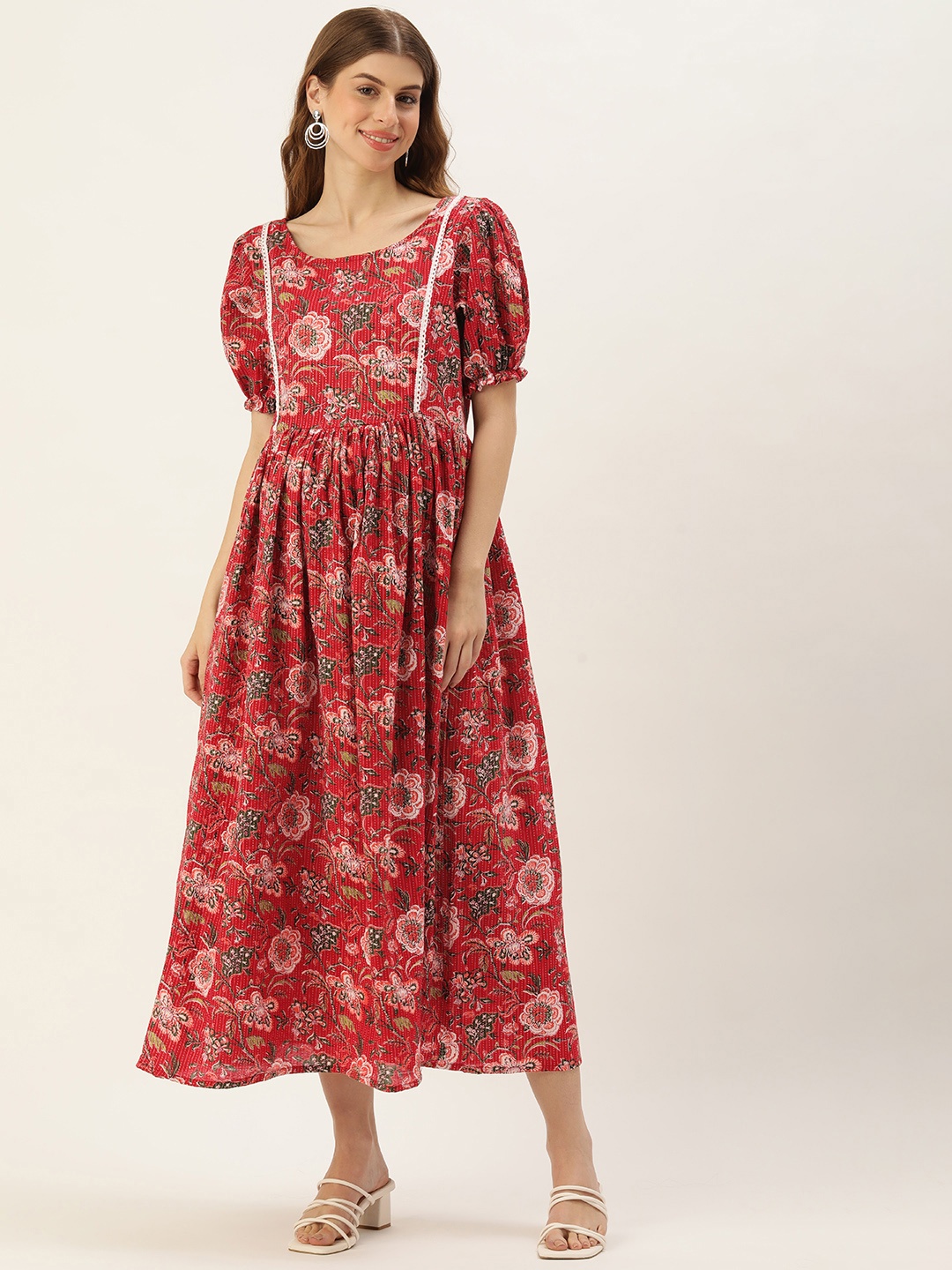 

Vinya Floral Print Puff Sleeve Maternity Fit & Flare Midi Dress, Red