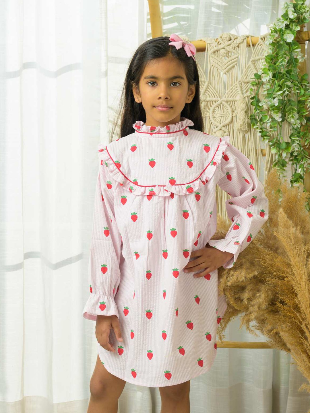 

Fairies Forever Girls Strawberry Printed Pure Cotton Seersucker Nightdress, Pink