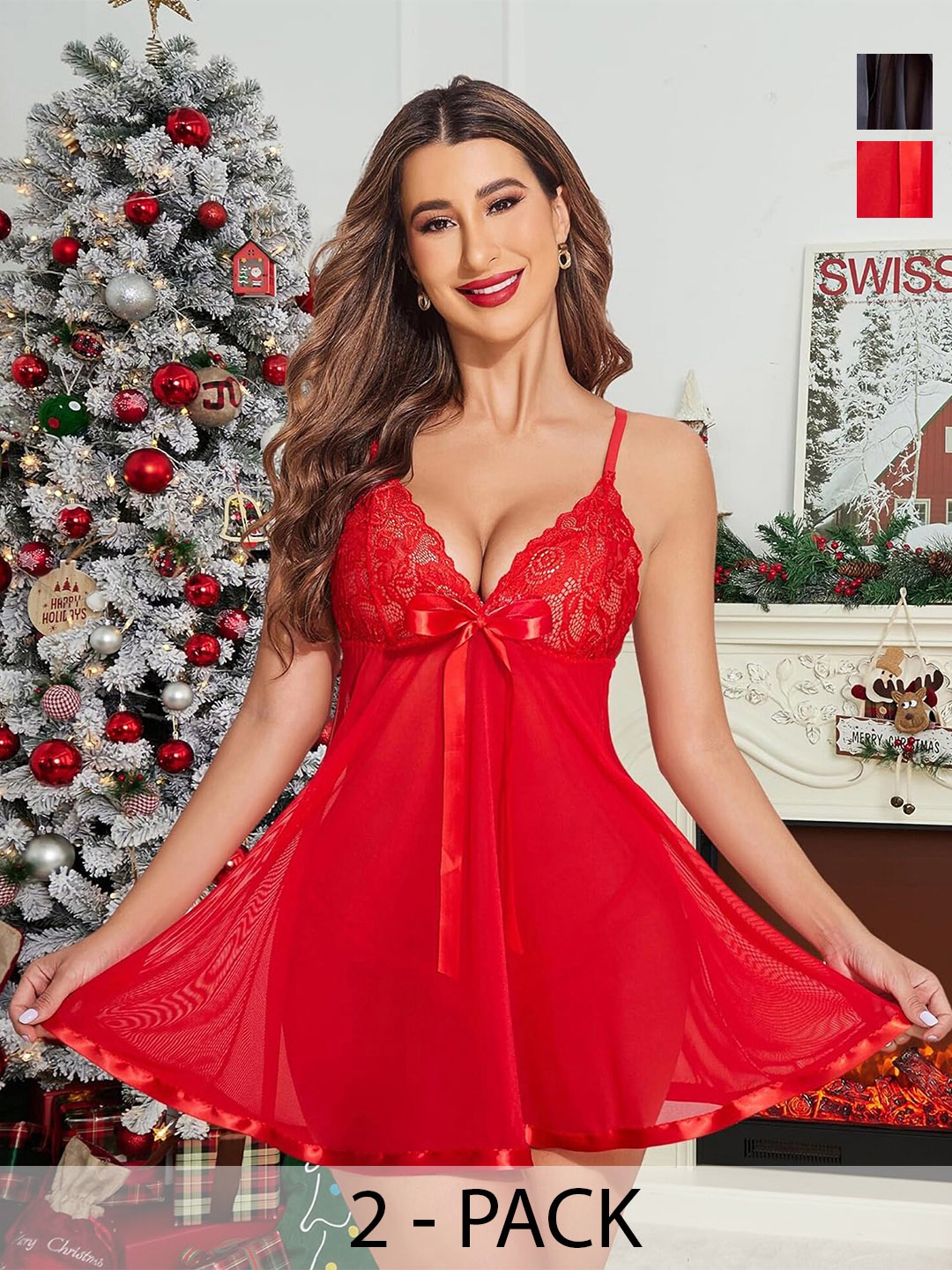 

AROUSY Pack Of 2 Self Design Net Baby Doll, Red