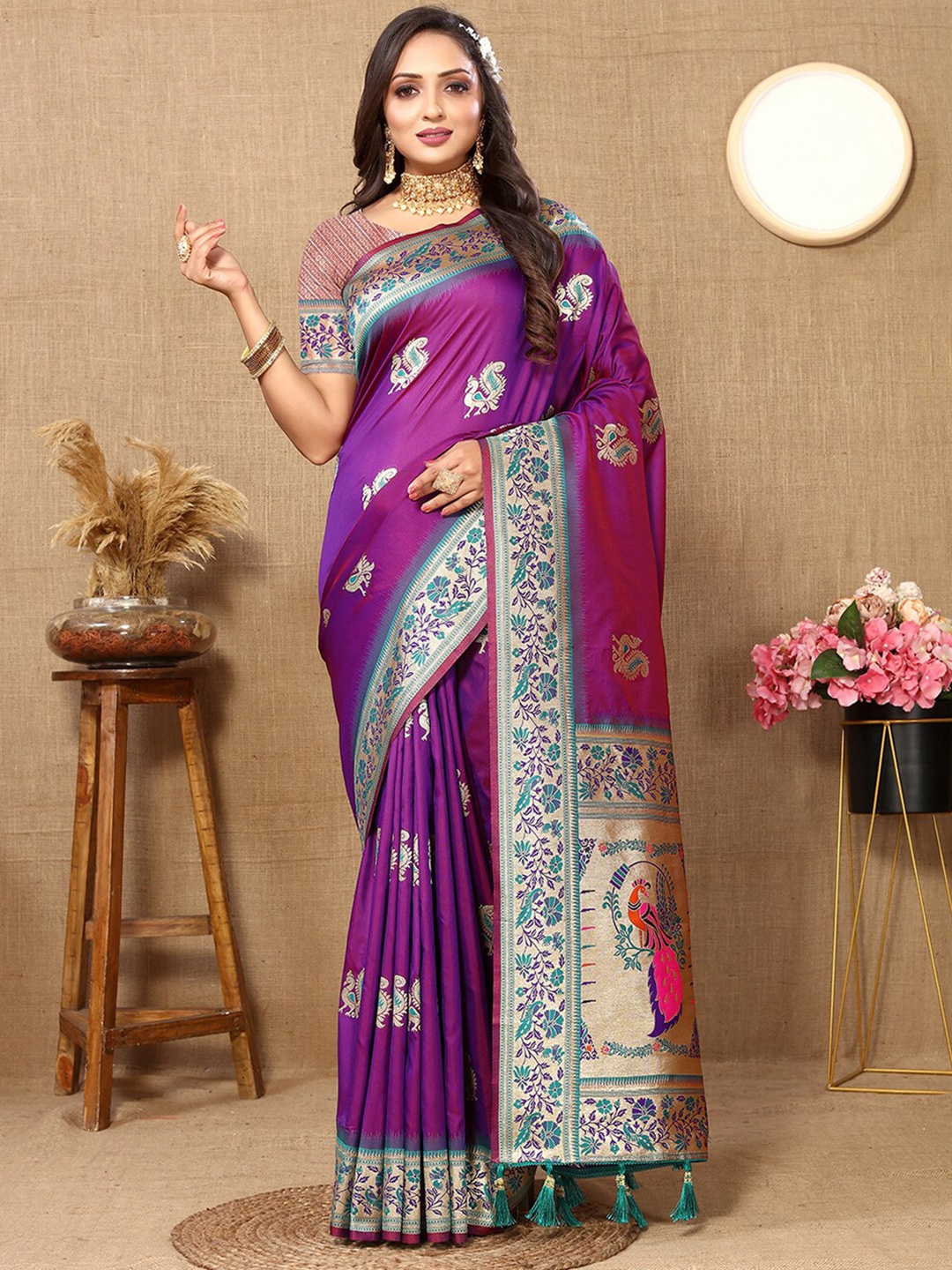 

MARGI DESIGNERS Ethnic Motifs Woven Design Zari Pure Silk Paithani Saree, Purple