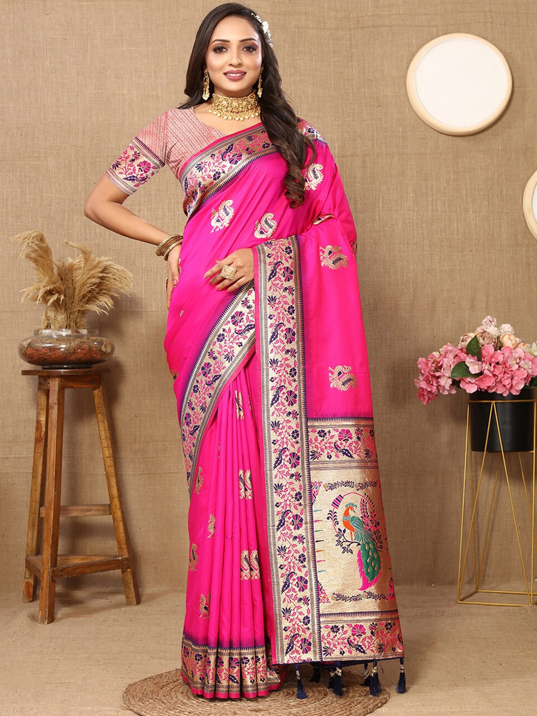 

MARGI DESIGNERS Ethnic Motifs Woven Design Zari Pure Silk Paithani Saree, Pink