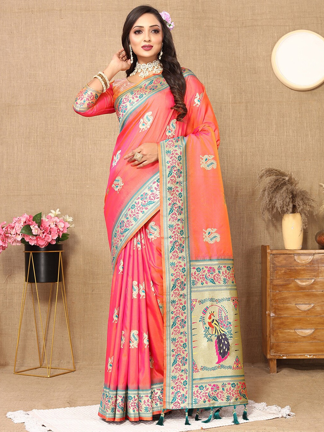 

MARGI DESIGNERS Ethnic Motifs Woven Design Zari Pure Silk Paithani Saree, Peach