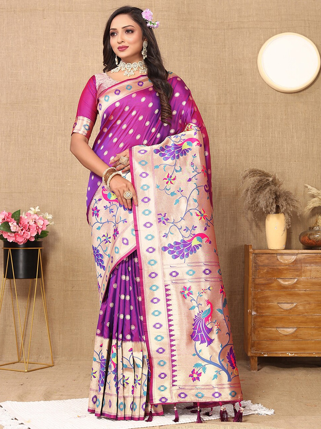 

MARGI DESIGNERS Polka Dots Woven Design Zari Pure Silk Paithani Saree, Purple