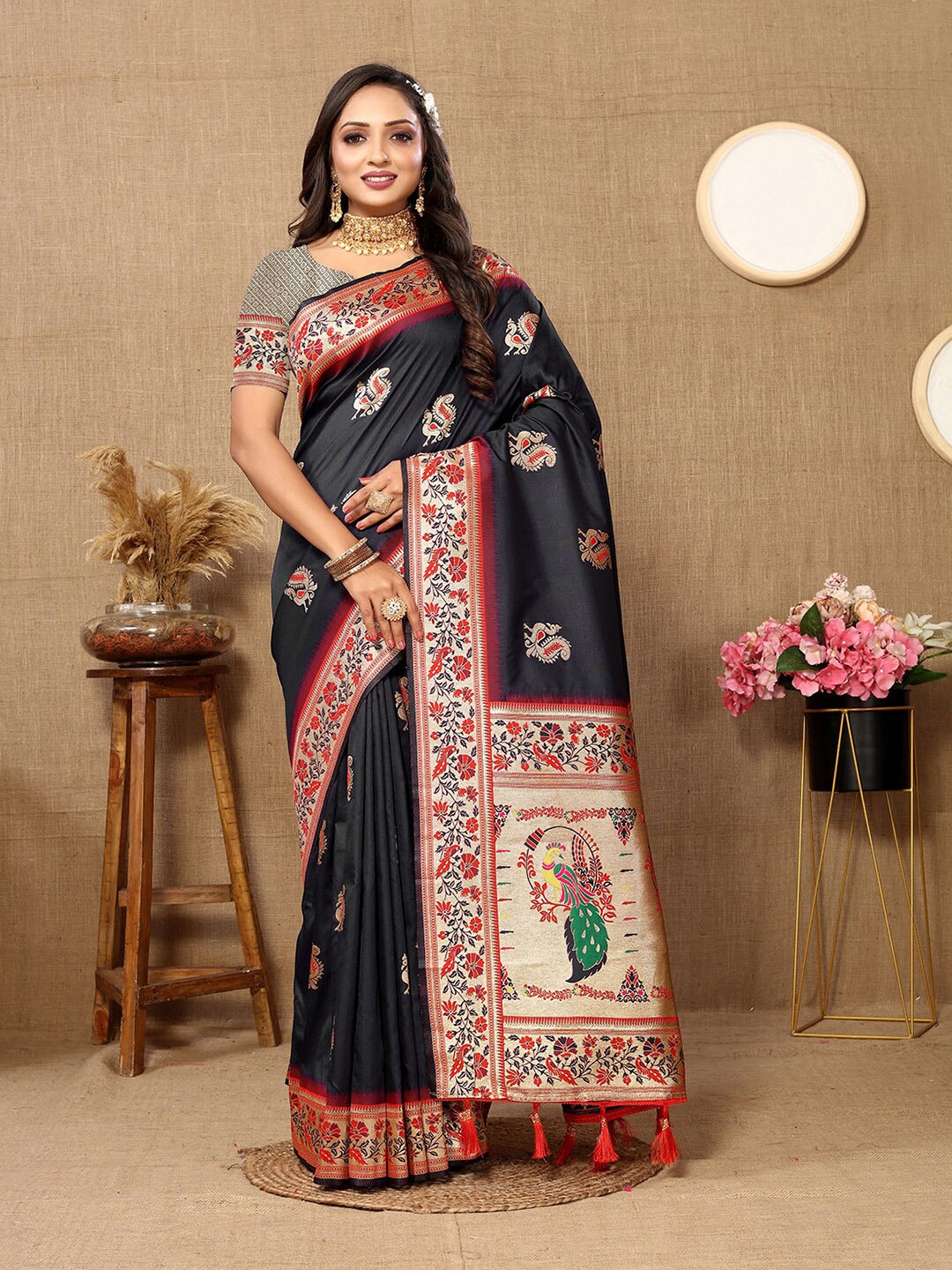 

MARGI DESIGNERS Ethnic Motifs Woven Design Zari Pure Silk Paithani Saree, Black