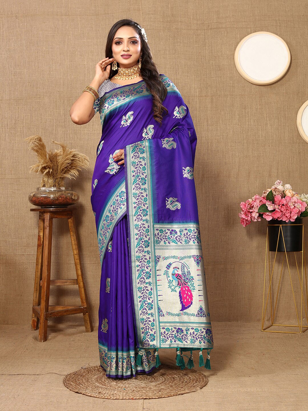

MARGI DESIGNERS Ethnic Motifs Woven Design Zari Pure Silk Paithani Saree, Blue