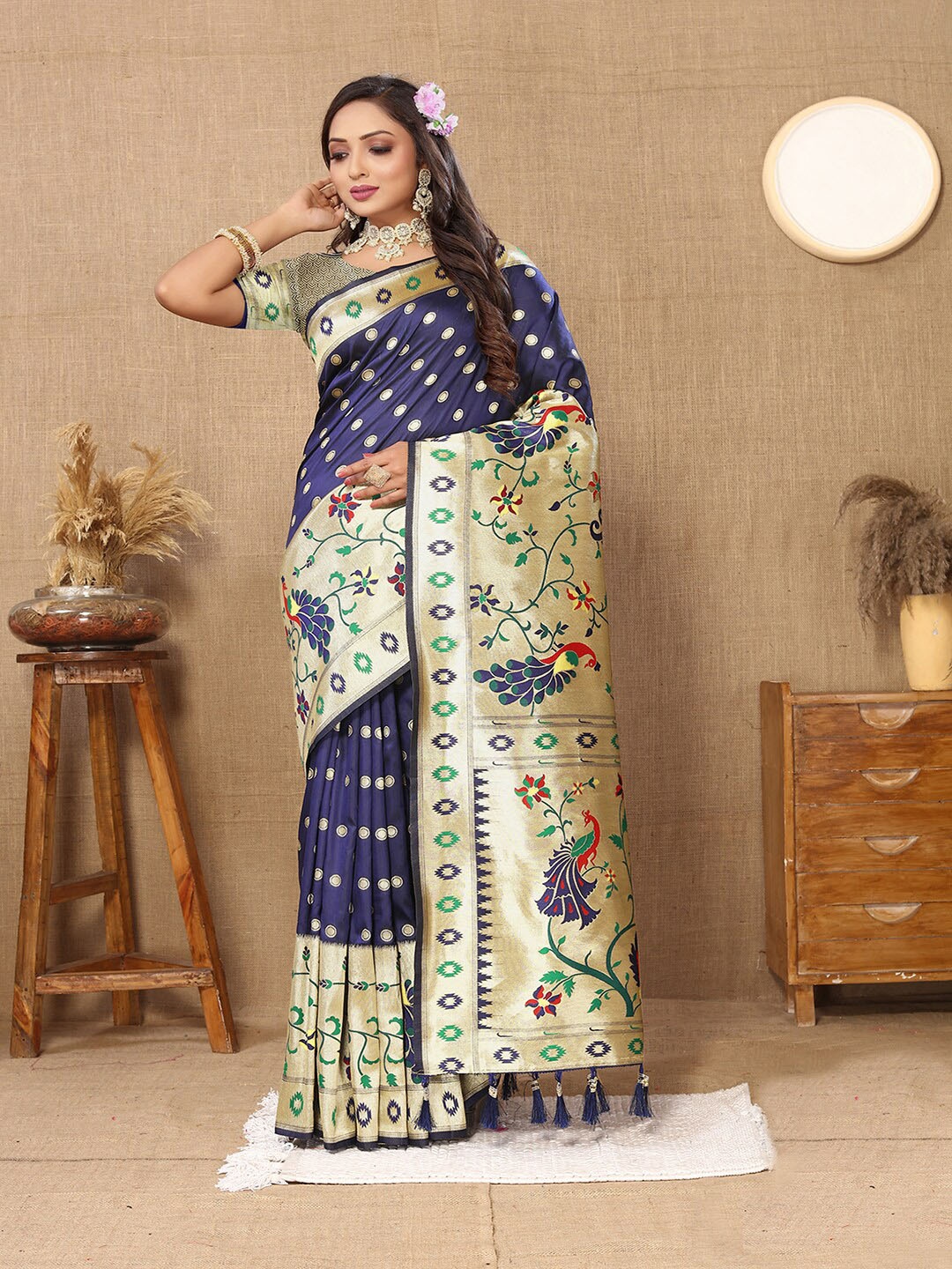 

MARGI DESIGNERS Polka Dots Woven Design Zari Pure Silk Paithani Saree, Navy blue
