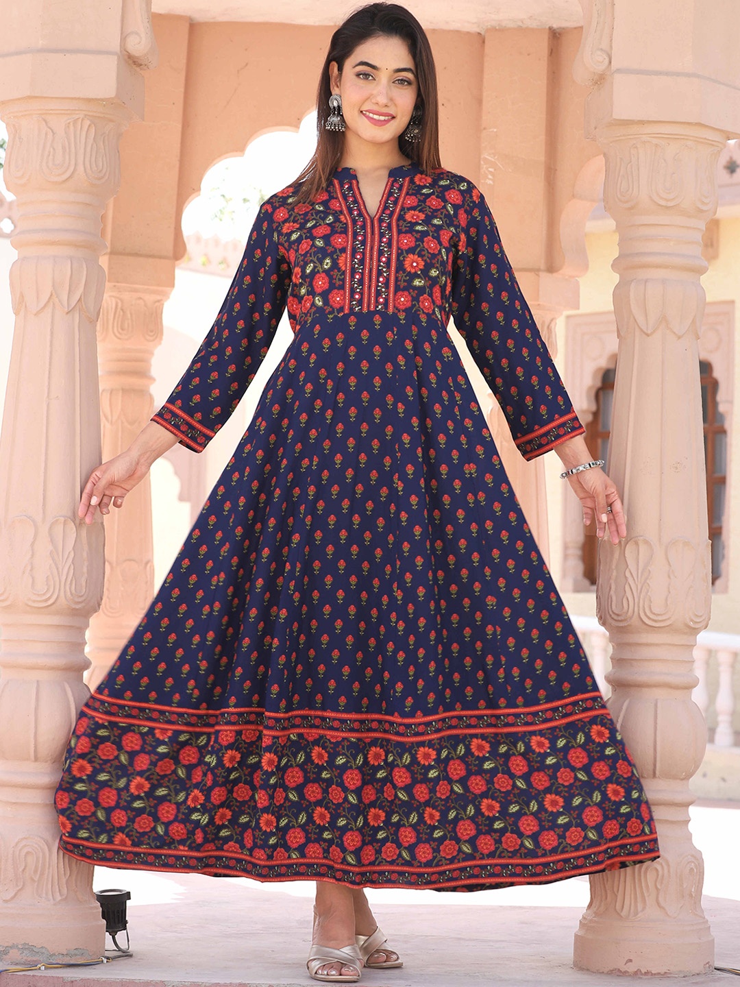 

DARVIKAA COLLECTION Floral Printed Mandarin Collar Anarkali Kurta, Blue