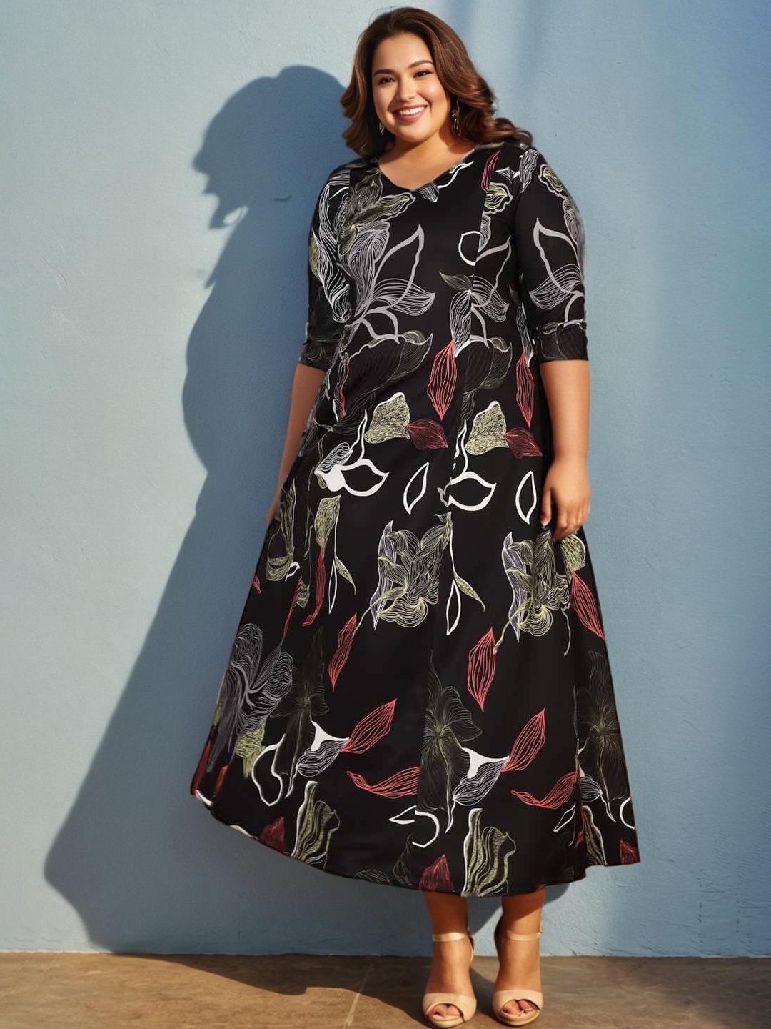 

Amydus Plus Size Floral Print A-Line Dress, Black