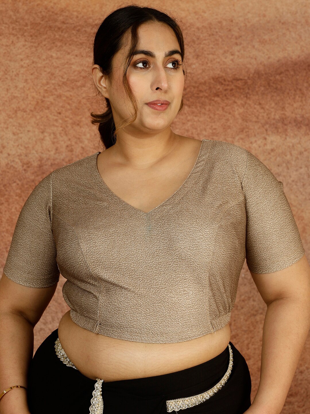 

Amydus Plus Size Textured Shimmer V-Neck Saree Blouse, Gold