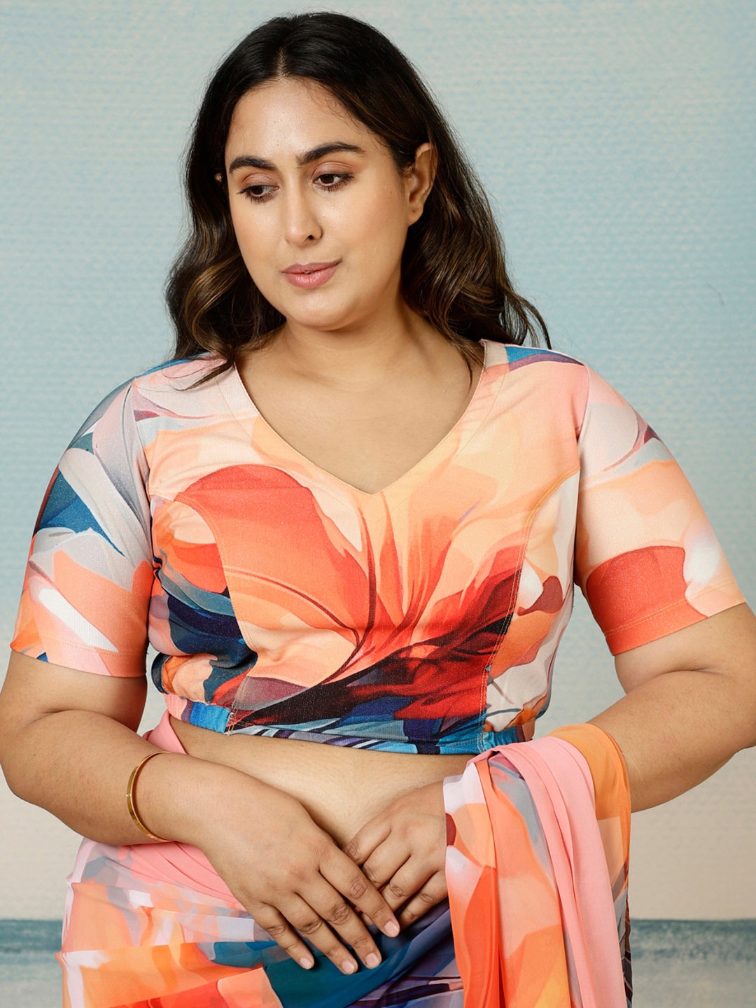

Amydus Plus Size Floral Printed Shimmer V-Neck Saree Blouse, Peach