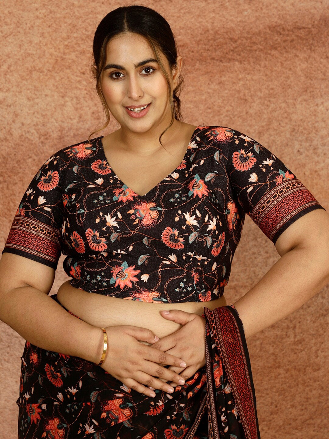 

Amydus Plus Size Floral Printed Shimmer V-Neck Saree Blouse, Black