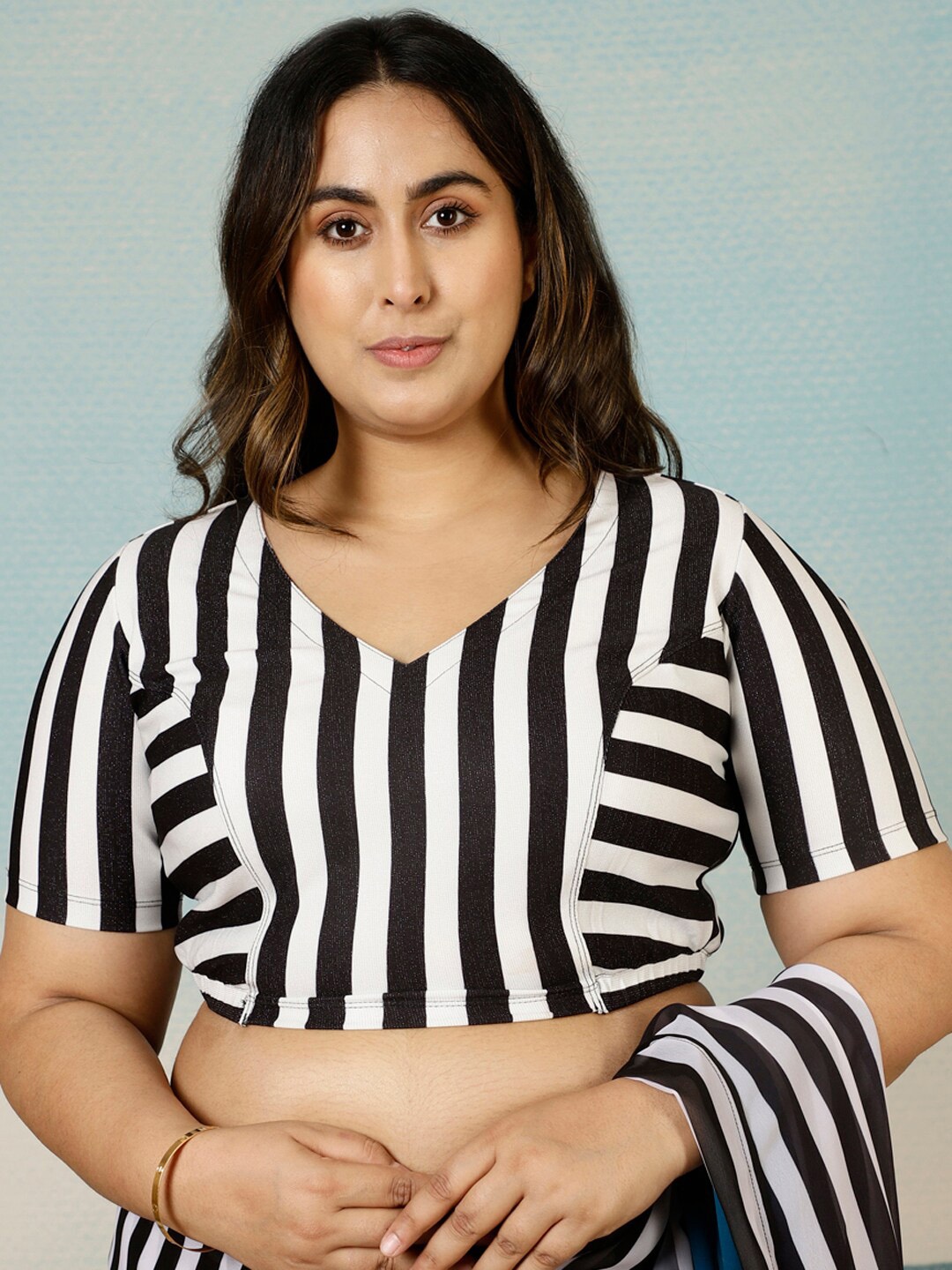 

Amydus Plus Size Striped Shimmer V-Neck Saree Blouse, Black