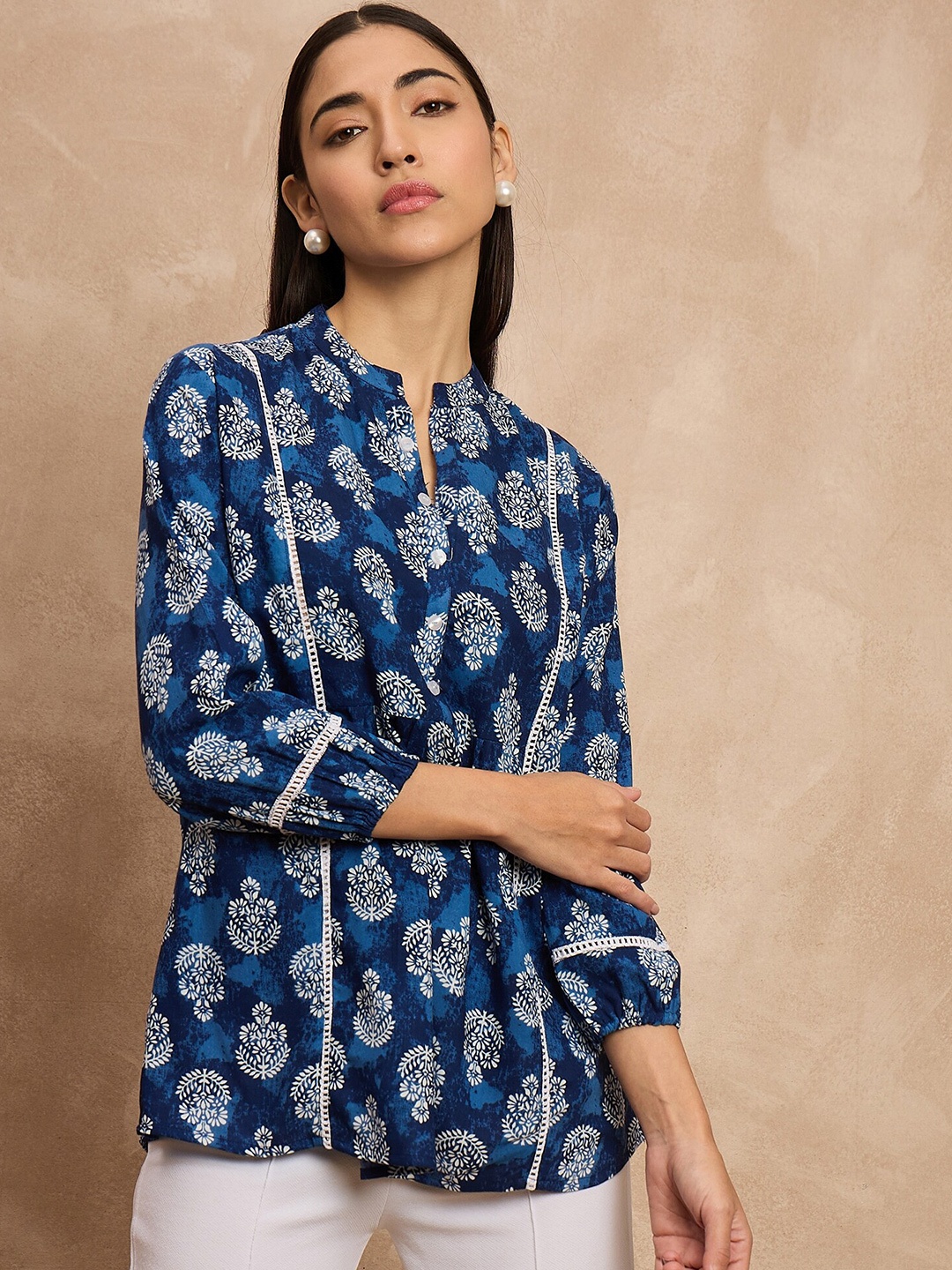 

all about you Navy Blue Floral Printed Mandarin Collar A-Line Kurti