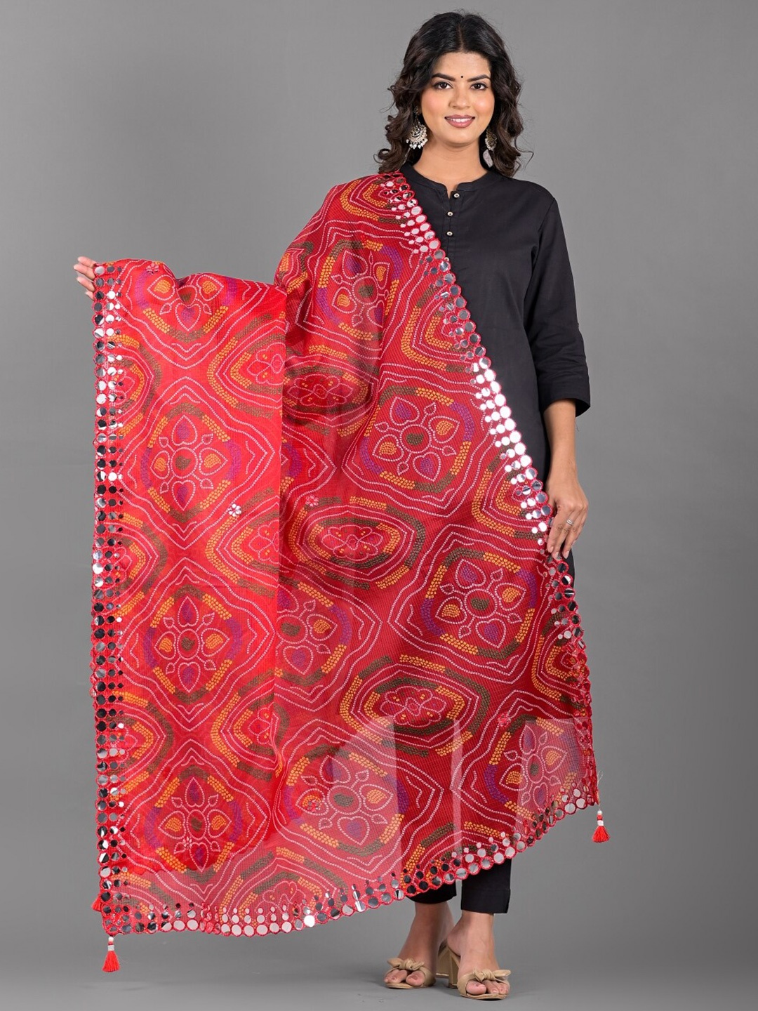 

Apratim Printed Bandhani Dupatta With Gotta Patti, Red